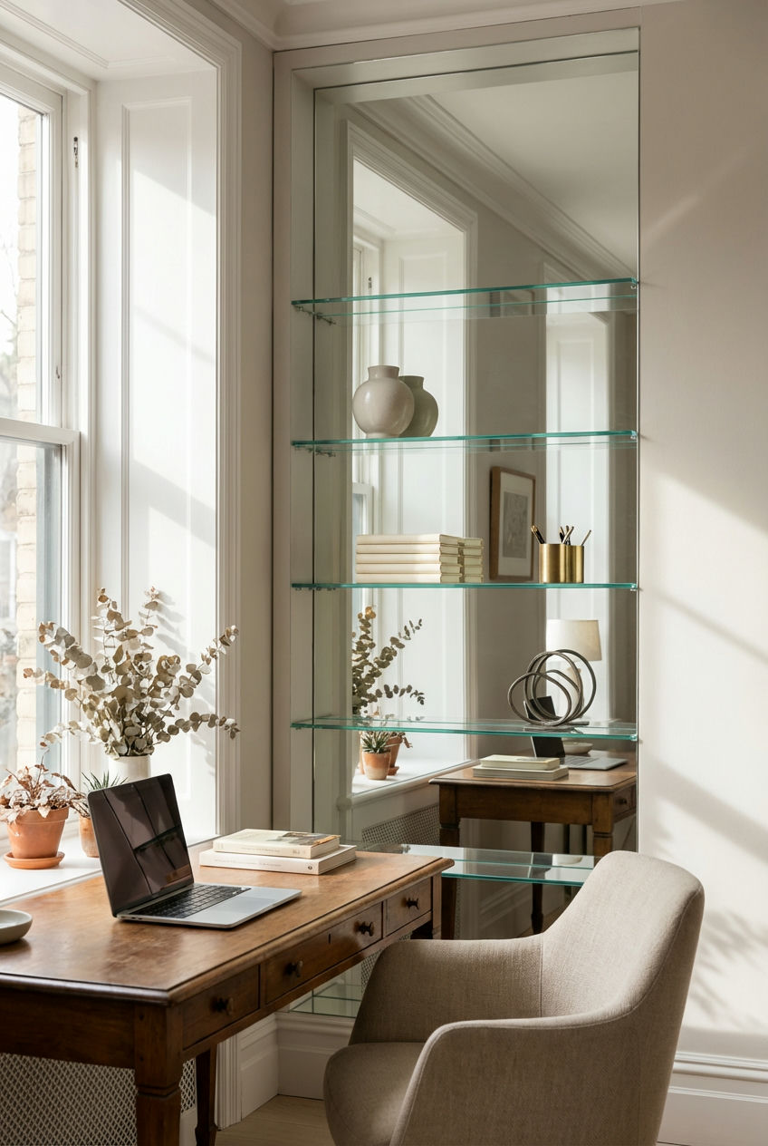 Mirrored Wall with Integrated Shelving 2