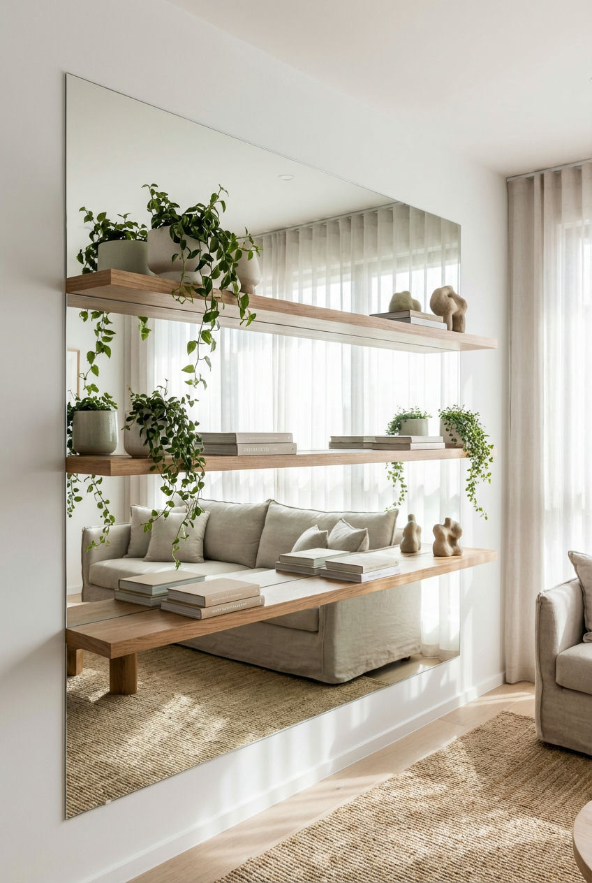 Mirrored Wall with Integrated Shelving 1
