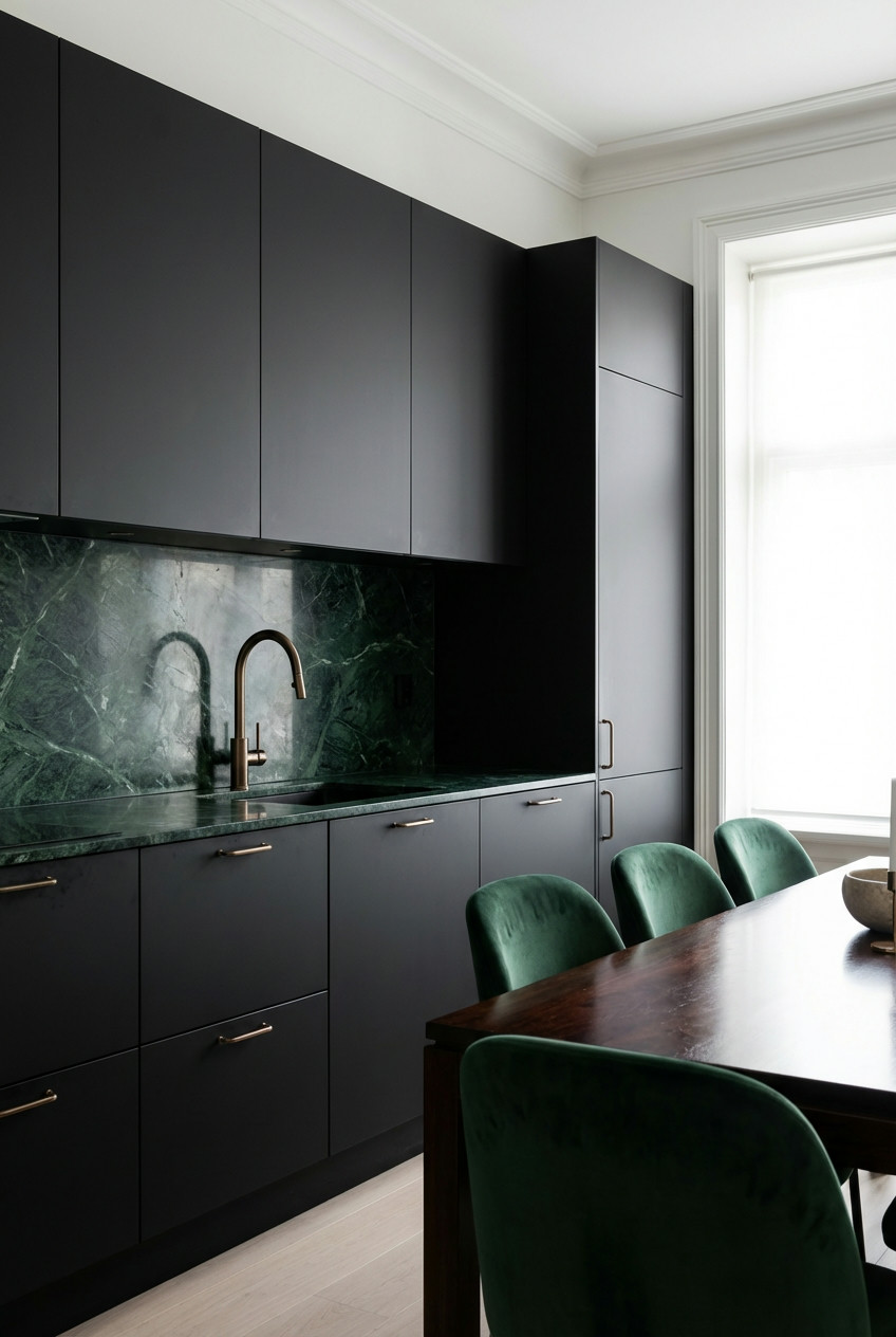Black Kitchen with Green and Gold Accents 2