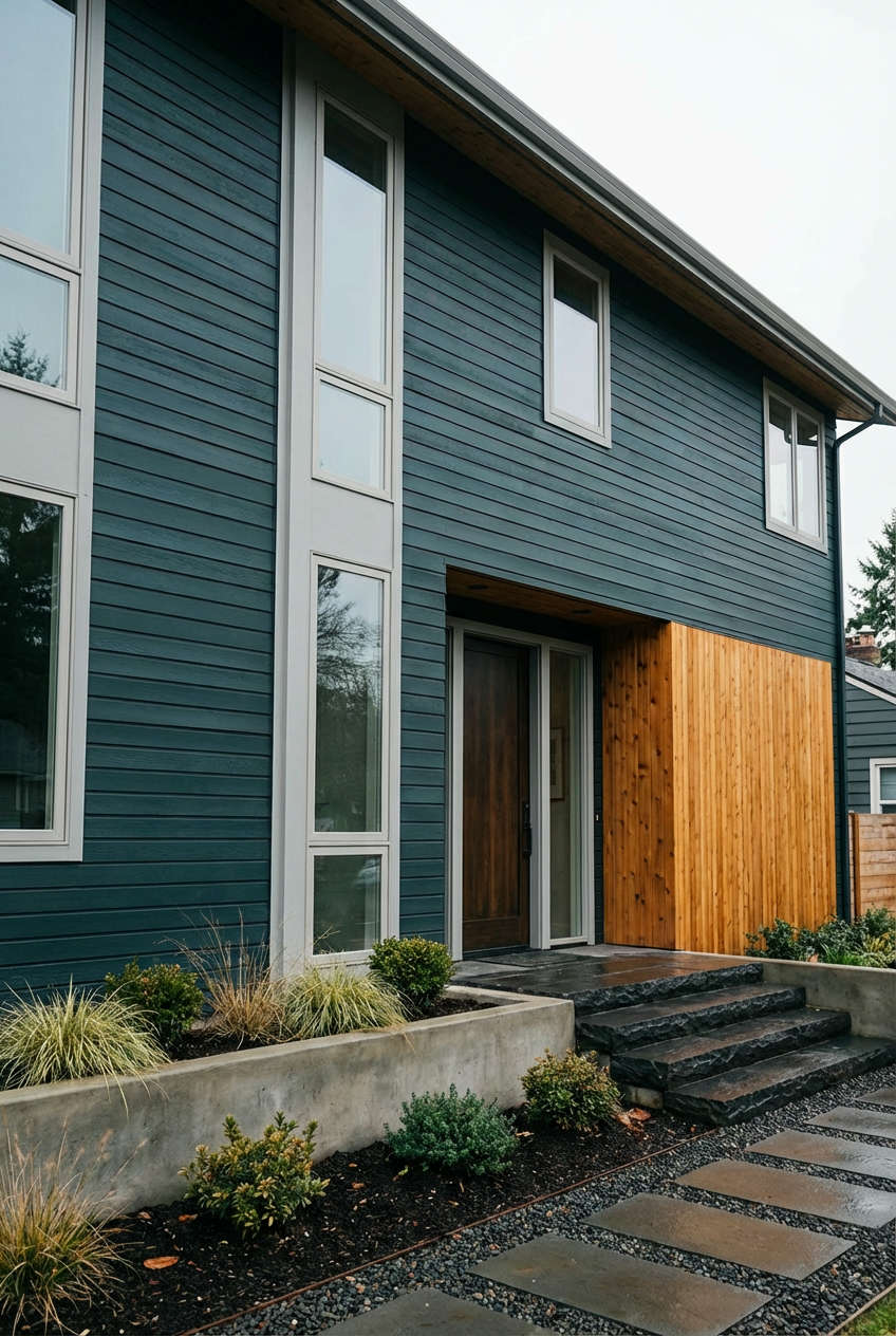 Deep Teal with Crisp Gray and Natural Wood 1