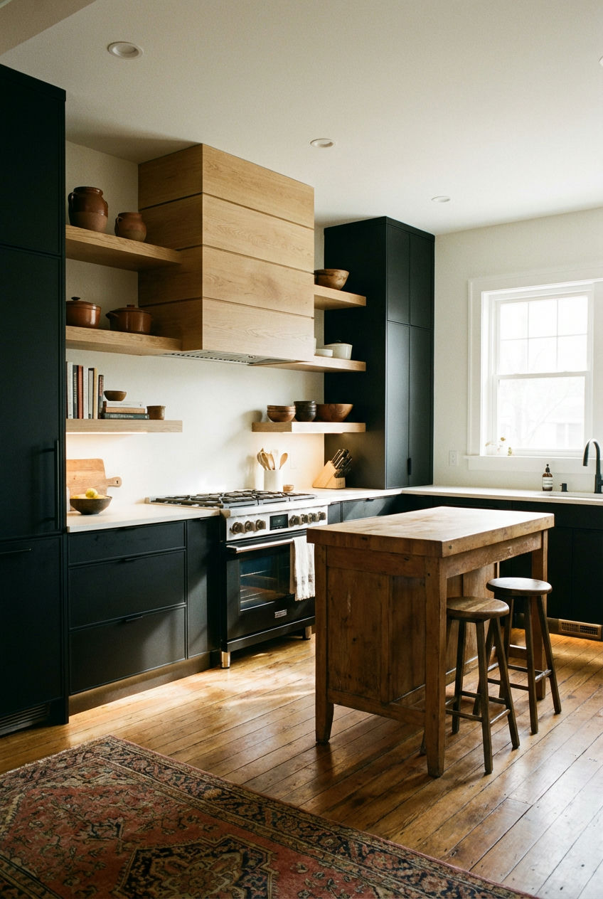 Warm Black Cabinets with White Oak Accents 2