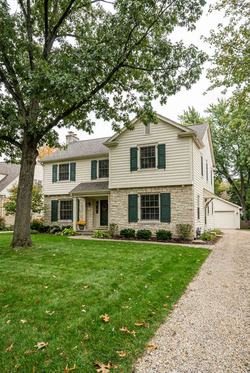 Traditional Cream with Stone Foundation and Green Shutters 2
