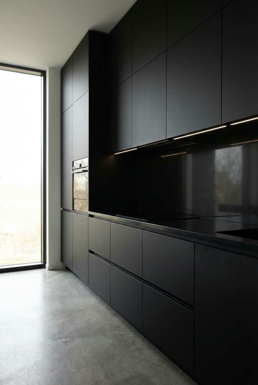 Sleek Black Cabinets with Integrated Appliances 1