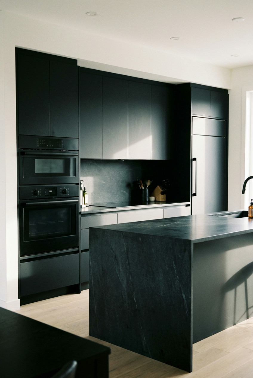 Sleek Black Cabinets with Integrated Appliances 2
