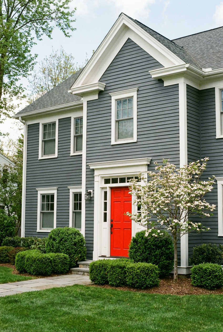Deep Gray with White Trim and Bright Red Door 2
