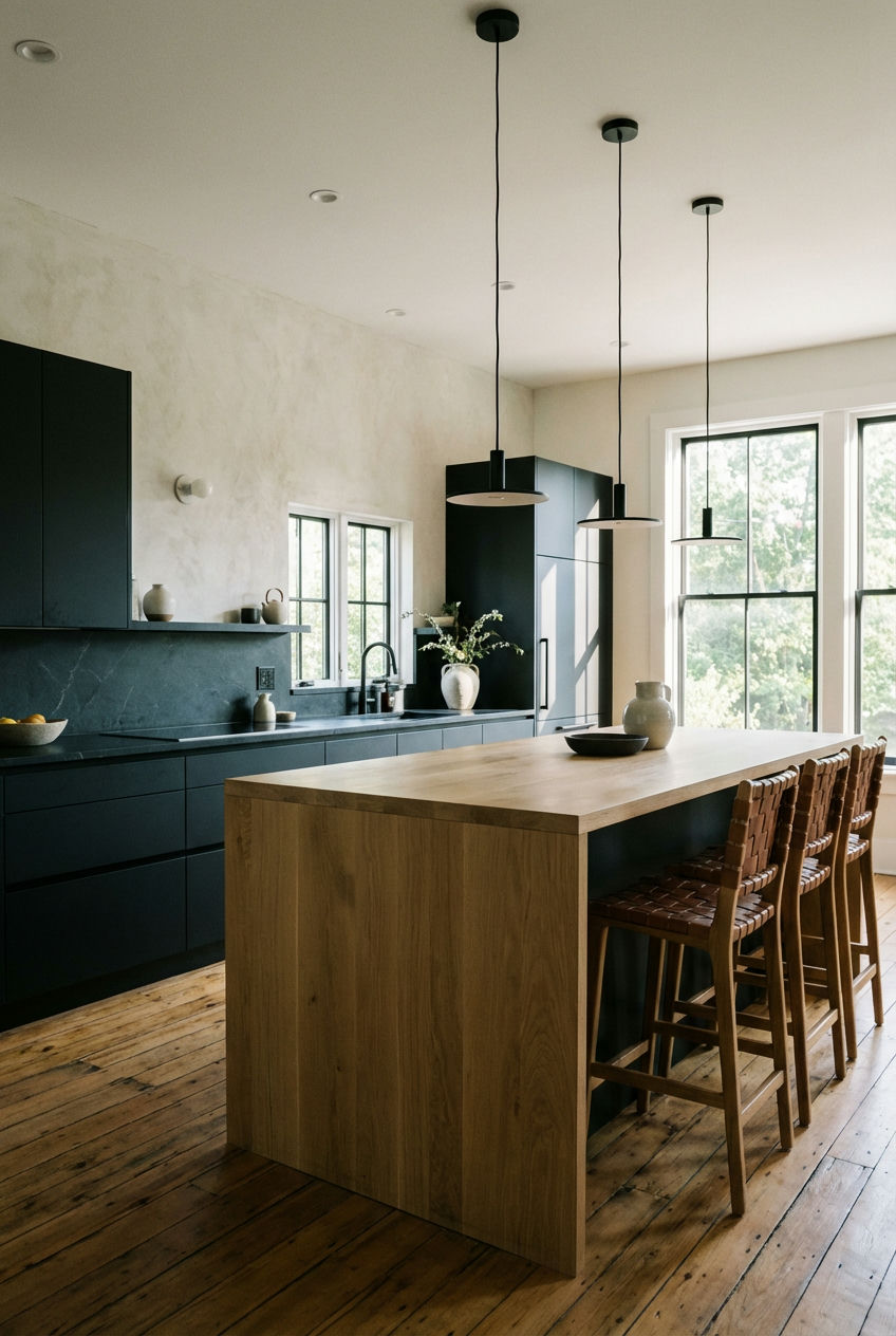 Warm Black Cabinets with White Oak Accents 1