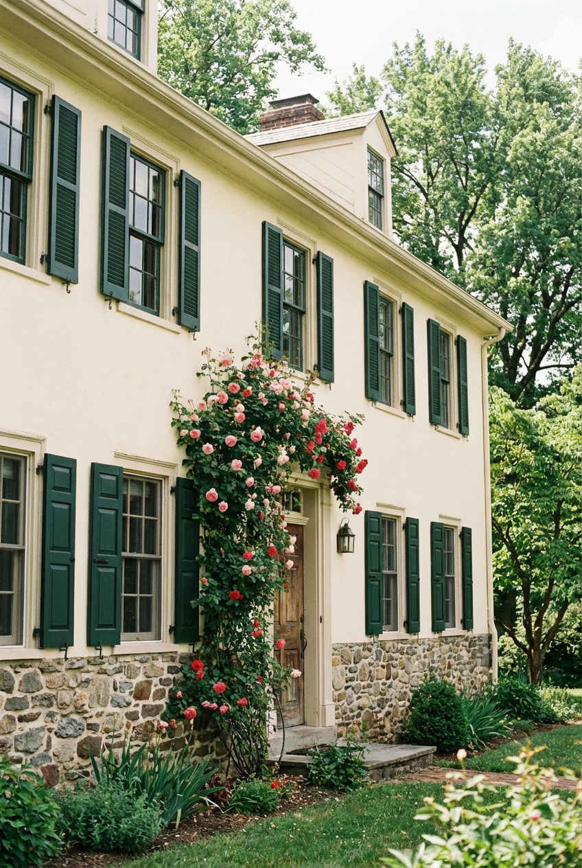 Traditional Cream with Stone Foundation and Green Shutters 1
