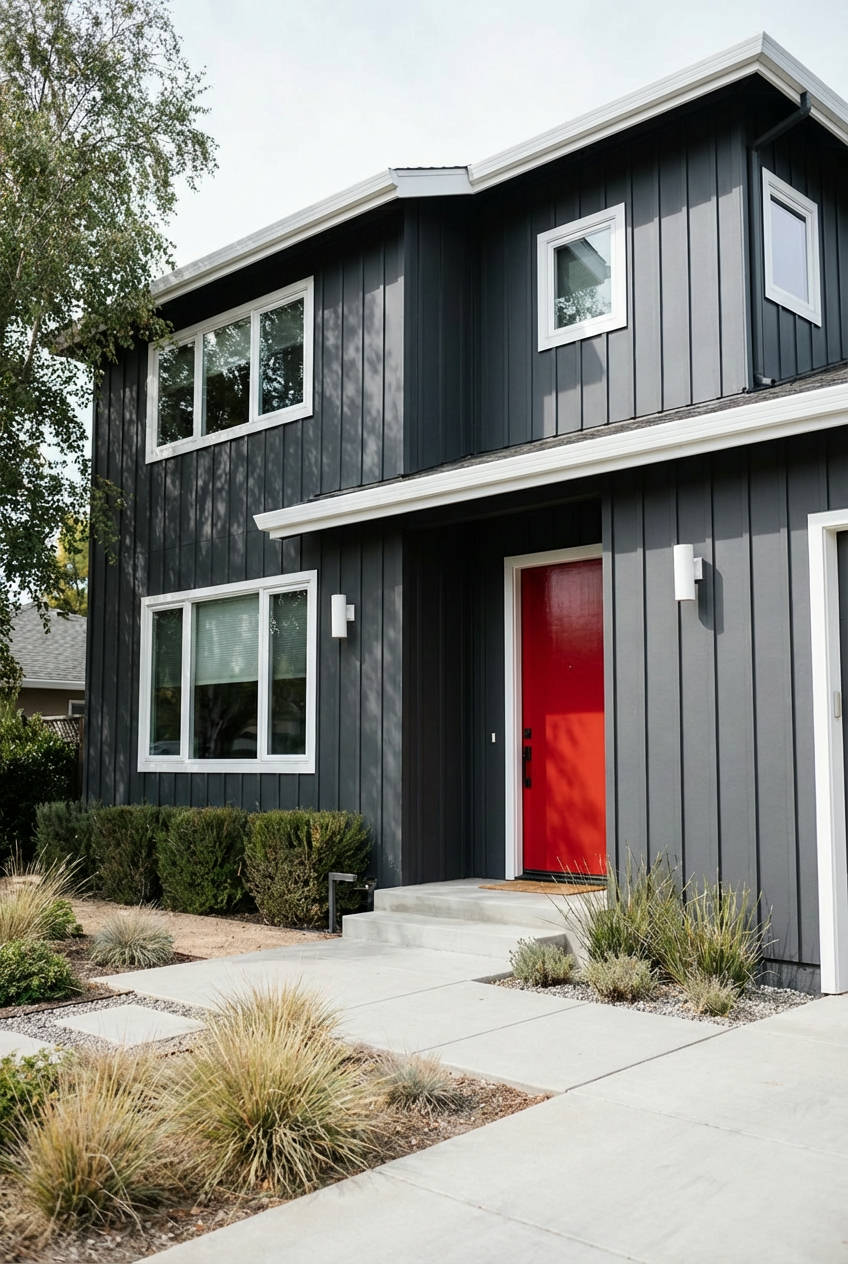 Deep Gray with White Trim and Bright Red Door 1