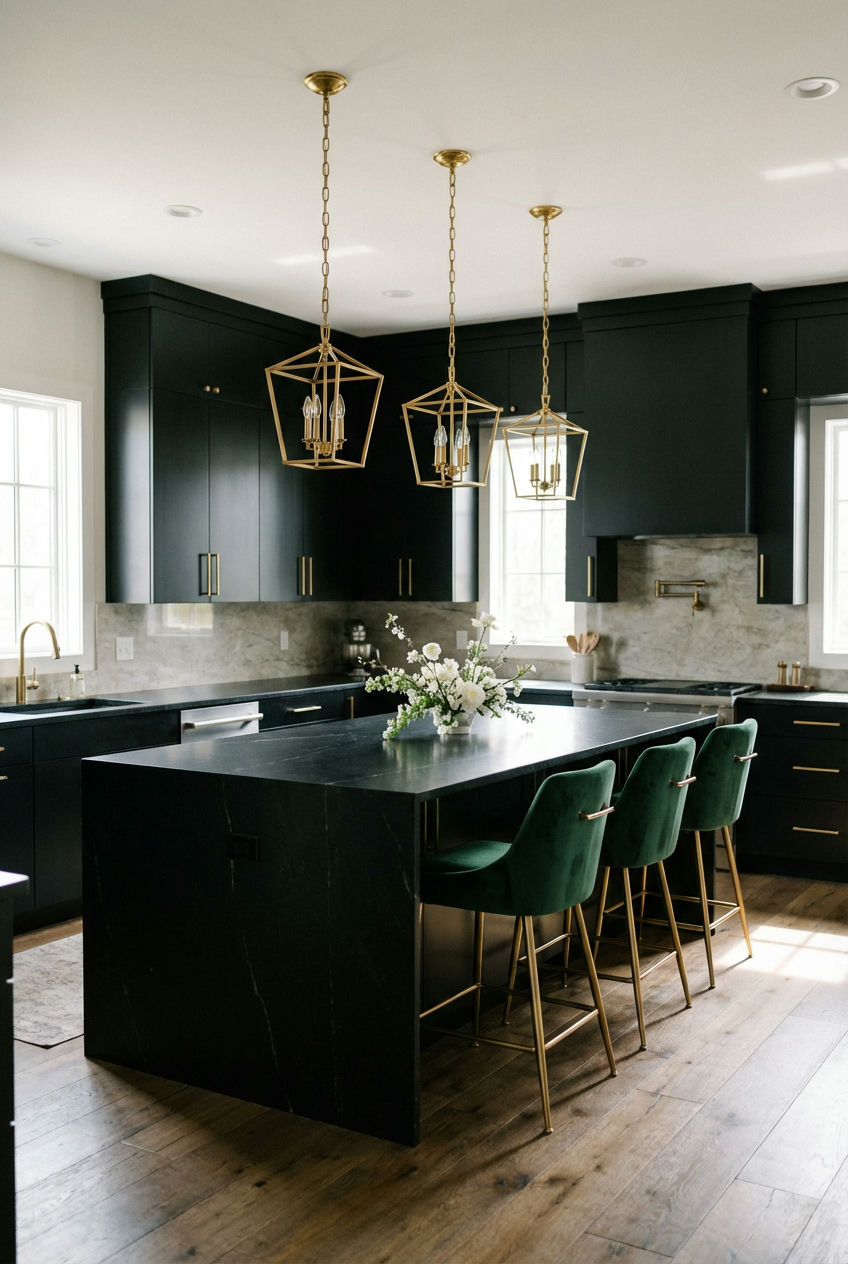 Black Kitchen with Green and Gold Accents 1