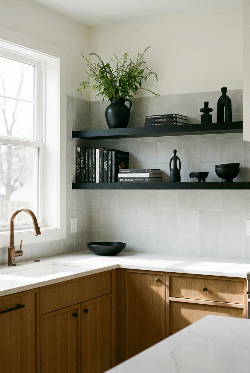Chic Black Decor Elements and Open Shelving 2