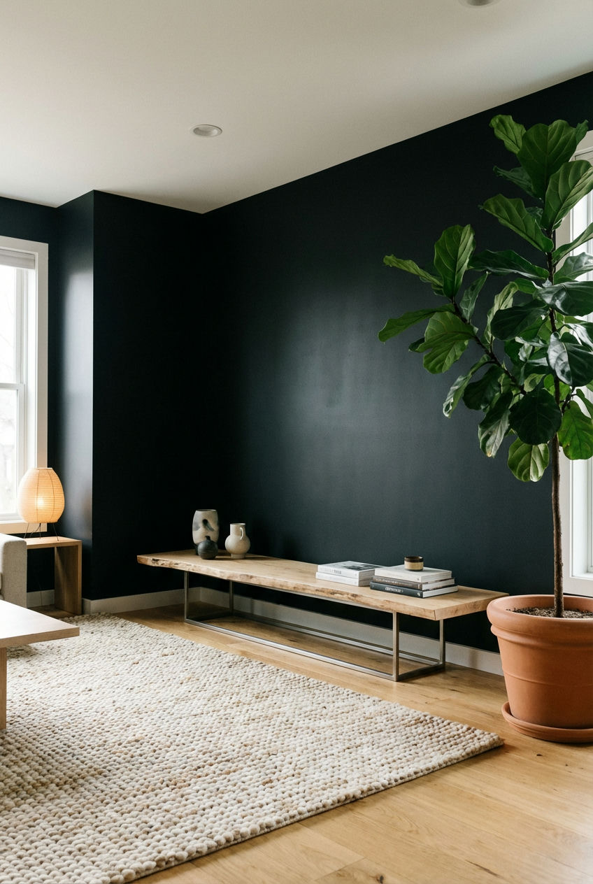 The Statement Black Wall with Natural Wood Accents 1