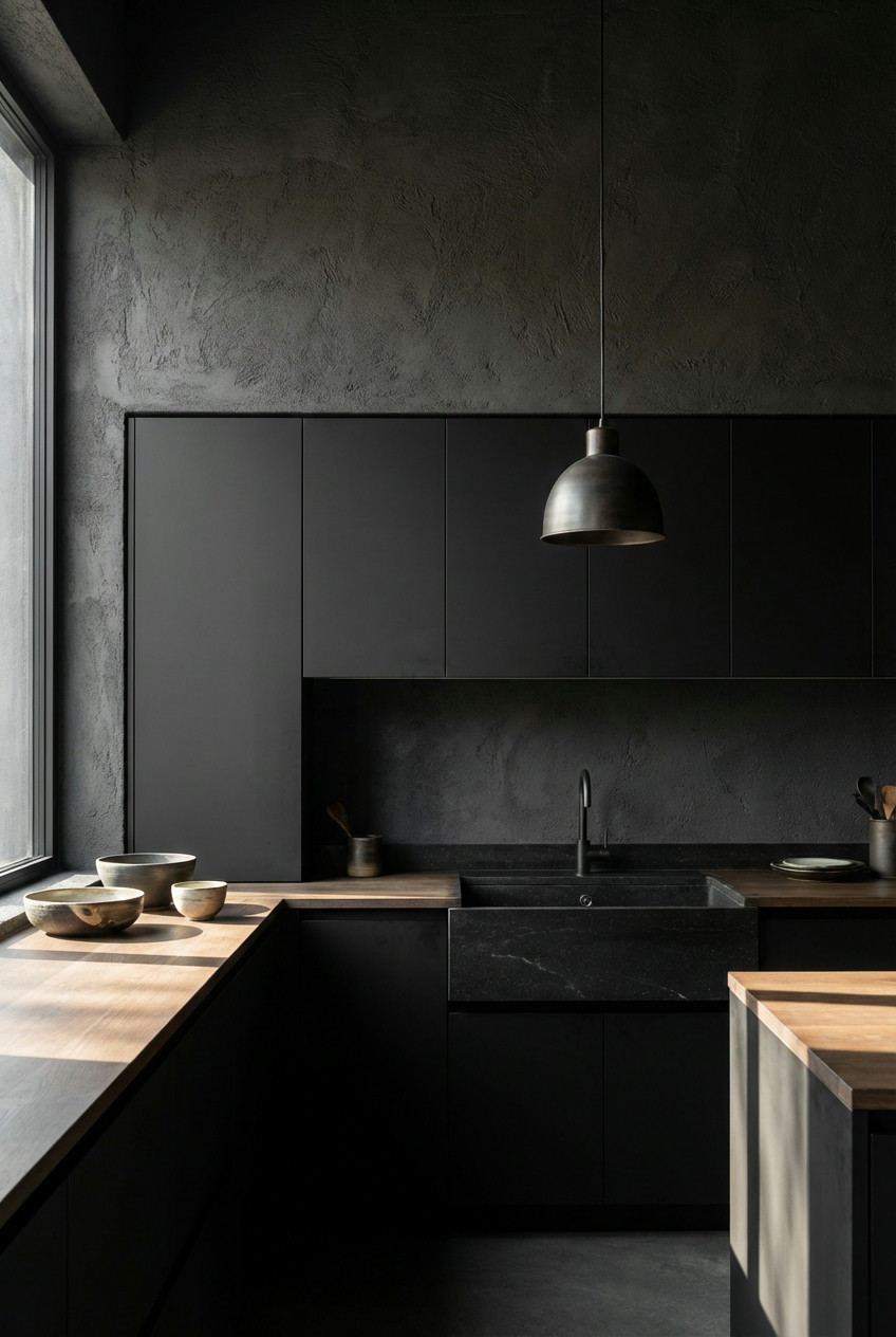 Textural Black Wall Covering and Minimalist Design 2