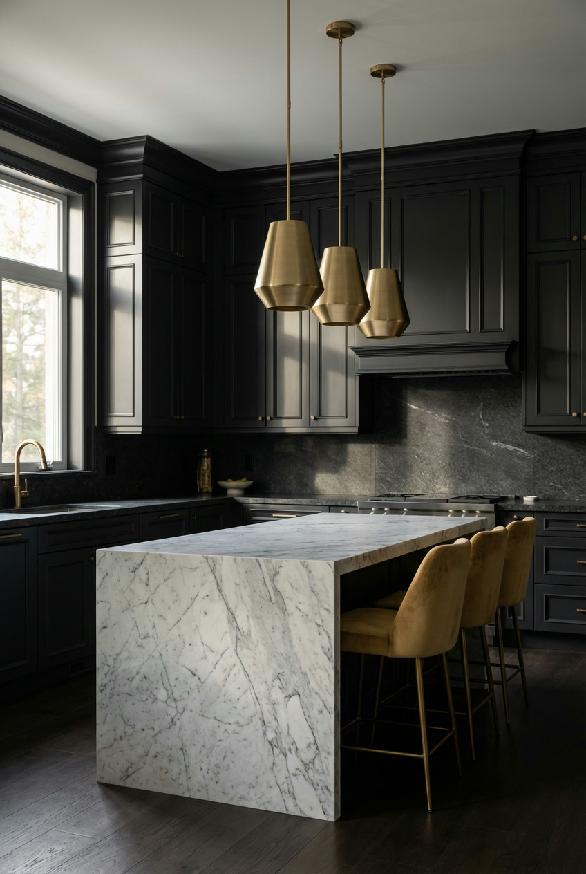 Black Kitchen with Marble Countertops and Gold Fixtures 2
