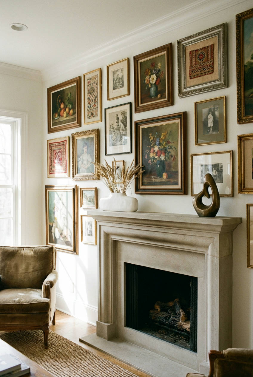 Eclectic Gallery Wall Above Mantle 1