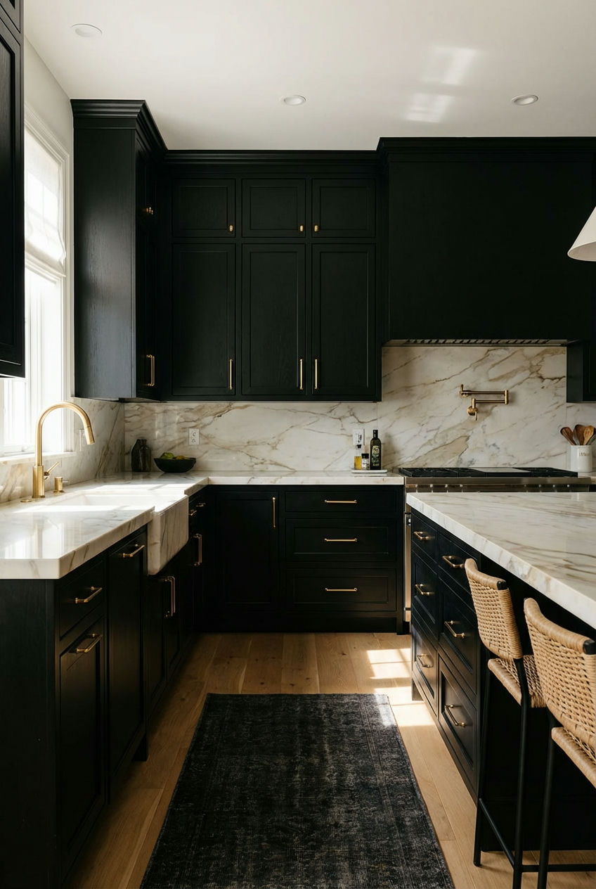 Black Kitchen with Marble Countertops and Gold Fixtures 1