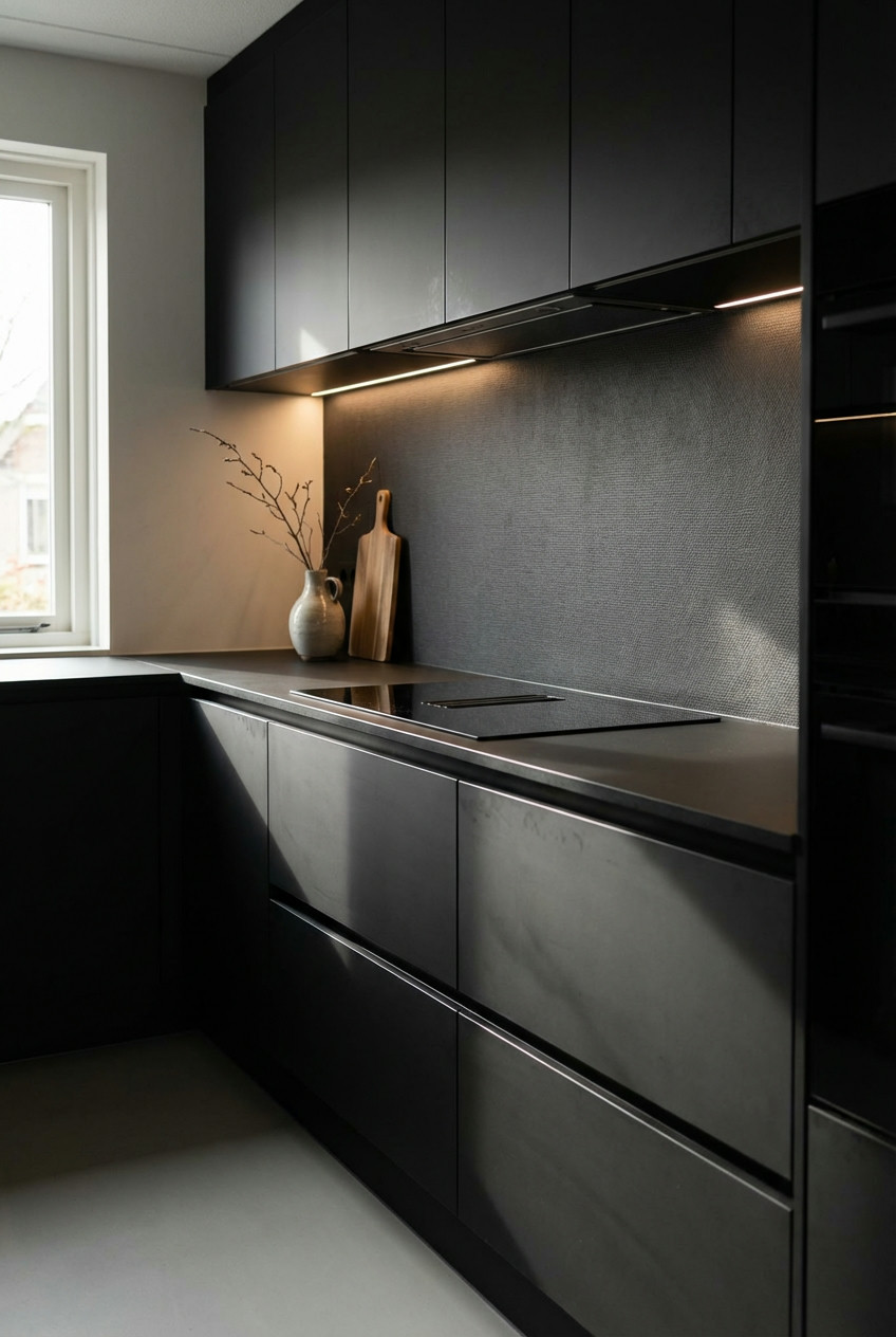 Textural Black Wall Covering and Minimalist Design 1