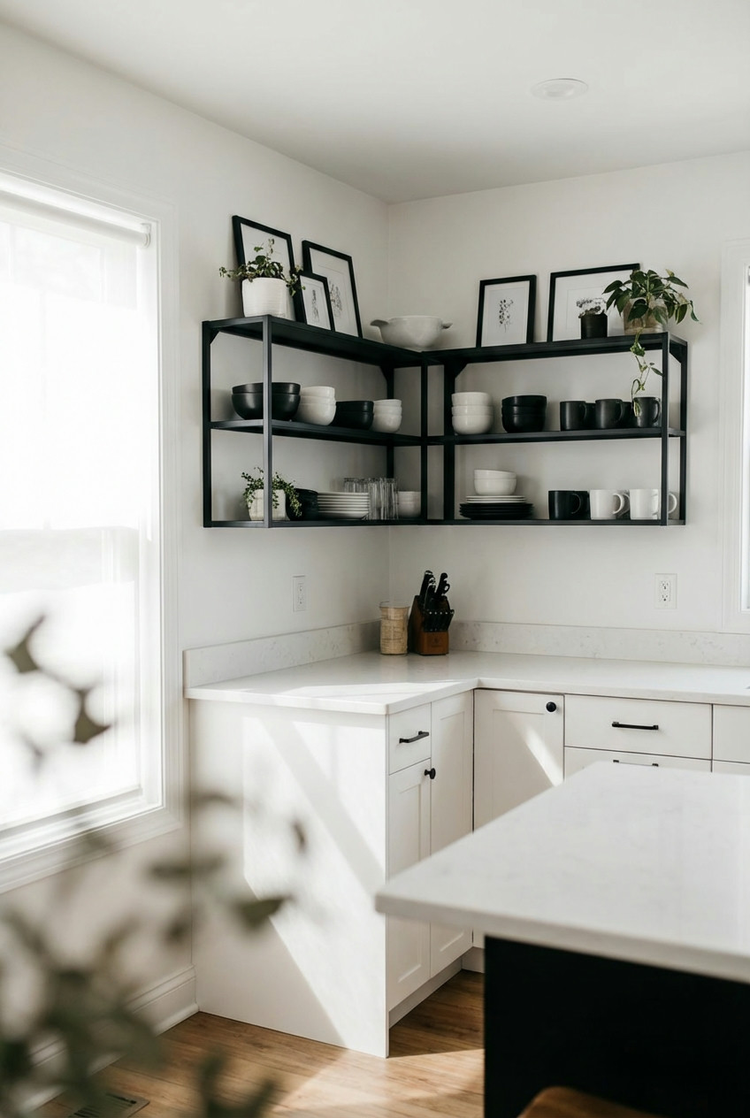 Chic Black Decor Elements and Open Shelving 1