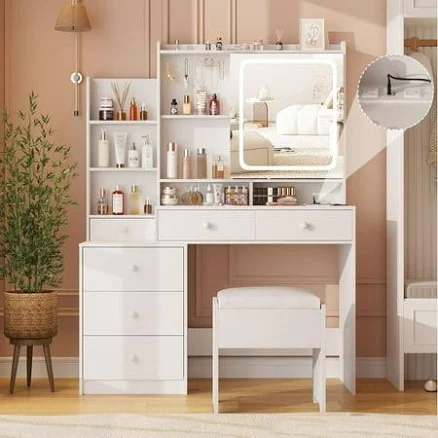 Veanerwood Vanity Table Set with LED ...