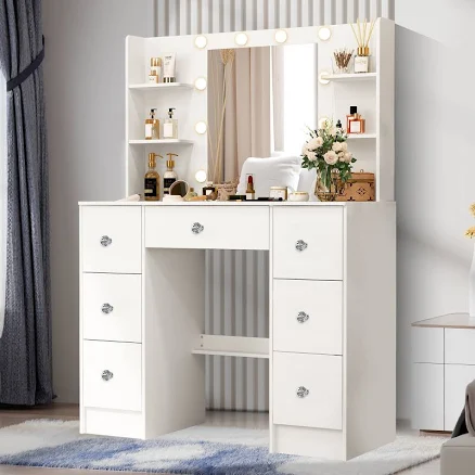 7 Drawers Vanity Desk Set With Led Li...