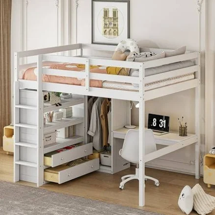 Full Loft Bed with Built-in Wardrobe,...