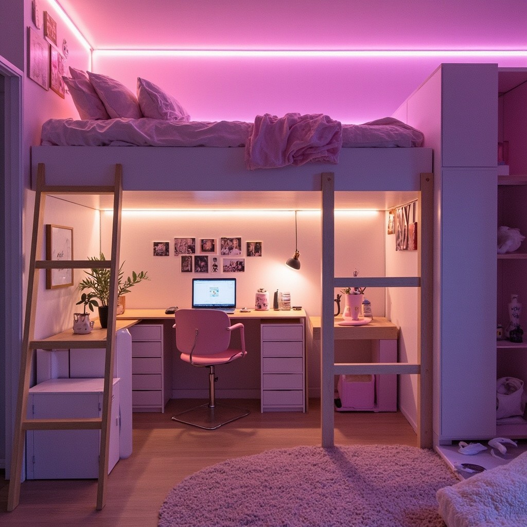 Teen Girl's Cozy Bedroom with Loft Bed, LED Lights, and Photo Wall | SplitShire