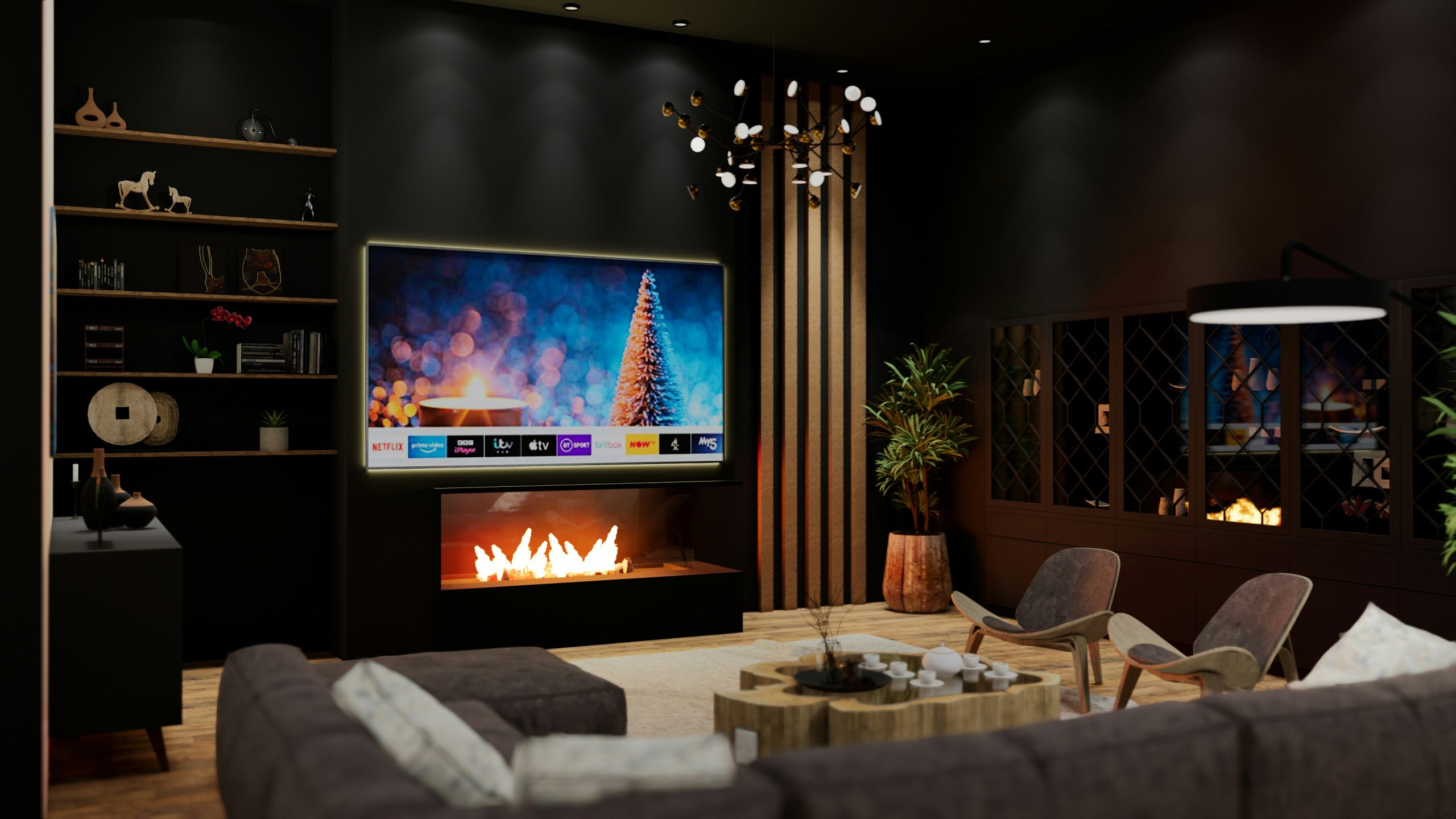 a cozy living room with a fire pit ready to warm you up!