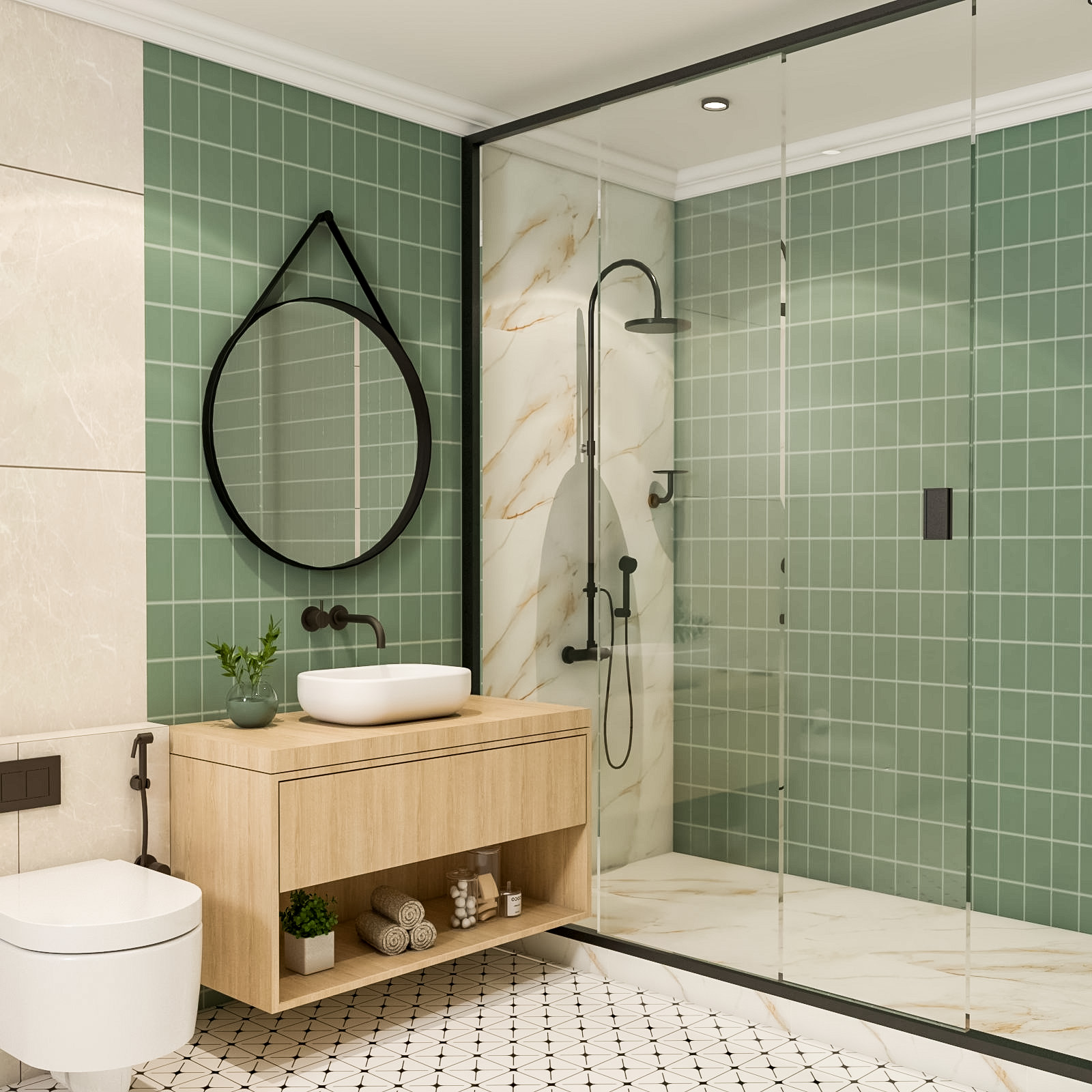 Beige Serenity: Modern Bathroom Design With Drawer & Open Unit Vanity | Livspace