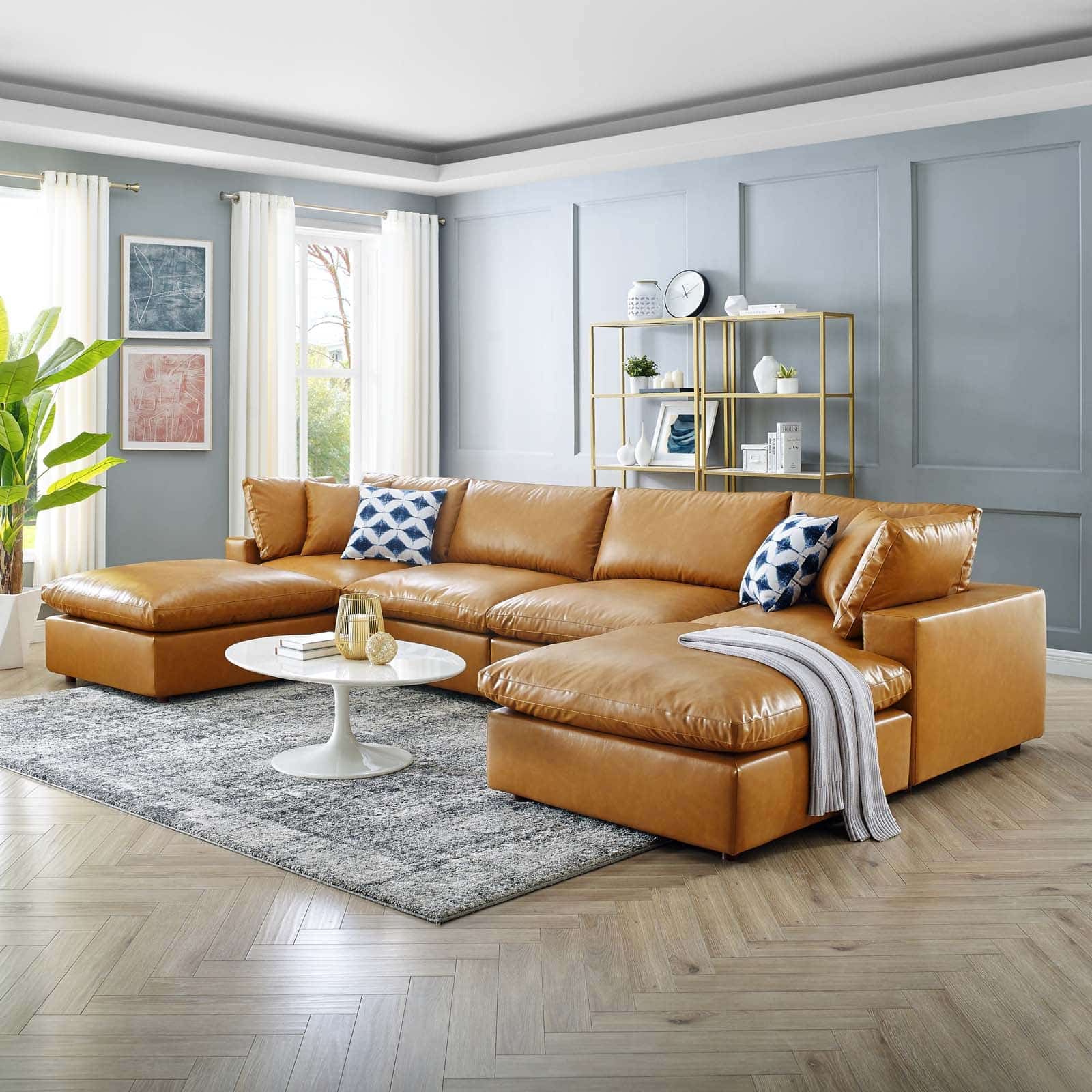 Commix Cognac Brown Leather Modular Sectional Sofa