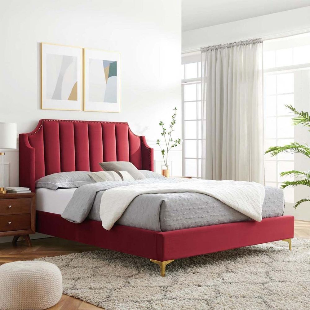 Daniella Channel Tufted Super King Bed Frame 200x200cm-Red-Elegant Upholstered Bed with Vertical Stitch Headboard-Modern Design with Soft Fabric ...