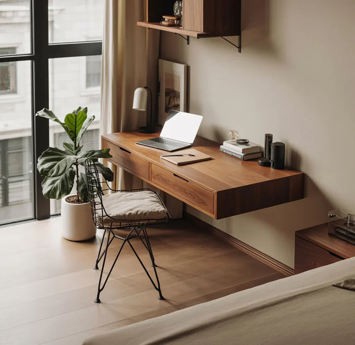 Modern Floating Wall Desk with Drawers – Minimalist Solid Wood Home Office Desk