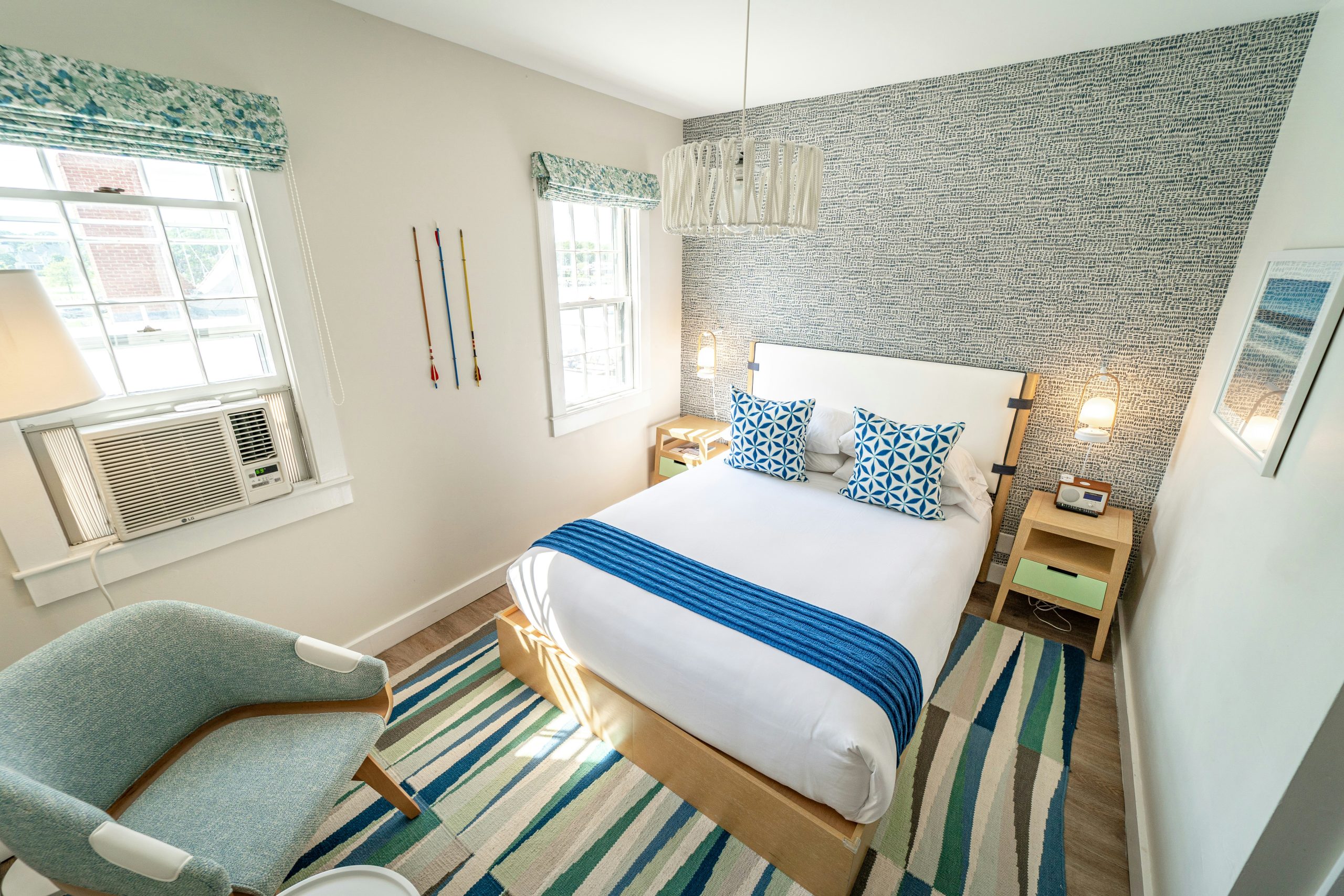 Nautical, preppy theme room on Martha's Vineyard at a hotel located in Oak Bluffs. This was one of our favorite hotel rooms and beautiful natural light during the morning hours. 
