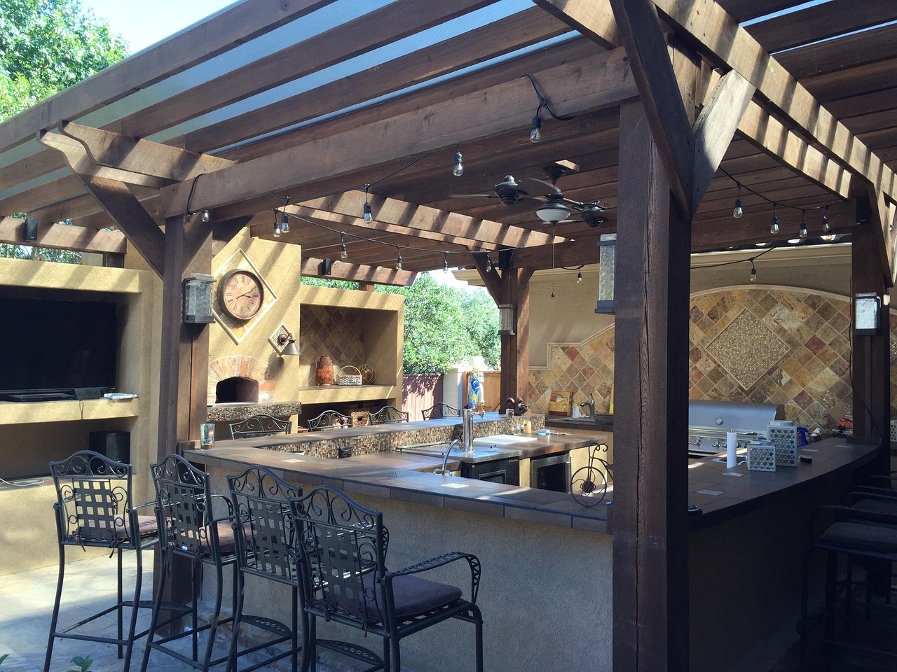 patio cover, outdoor kitchen, tile, copper, patio, stone, design, outdoor, kitchen, exterior, grill, outdoor dining, fireplace, deck, cooking, outdoor fireplace, cook, home, porch, outdoor kitchen, ou