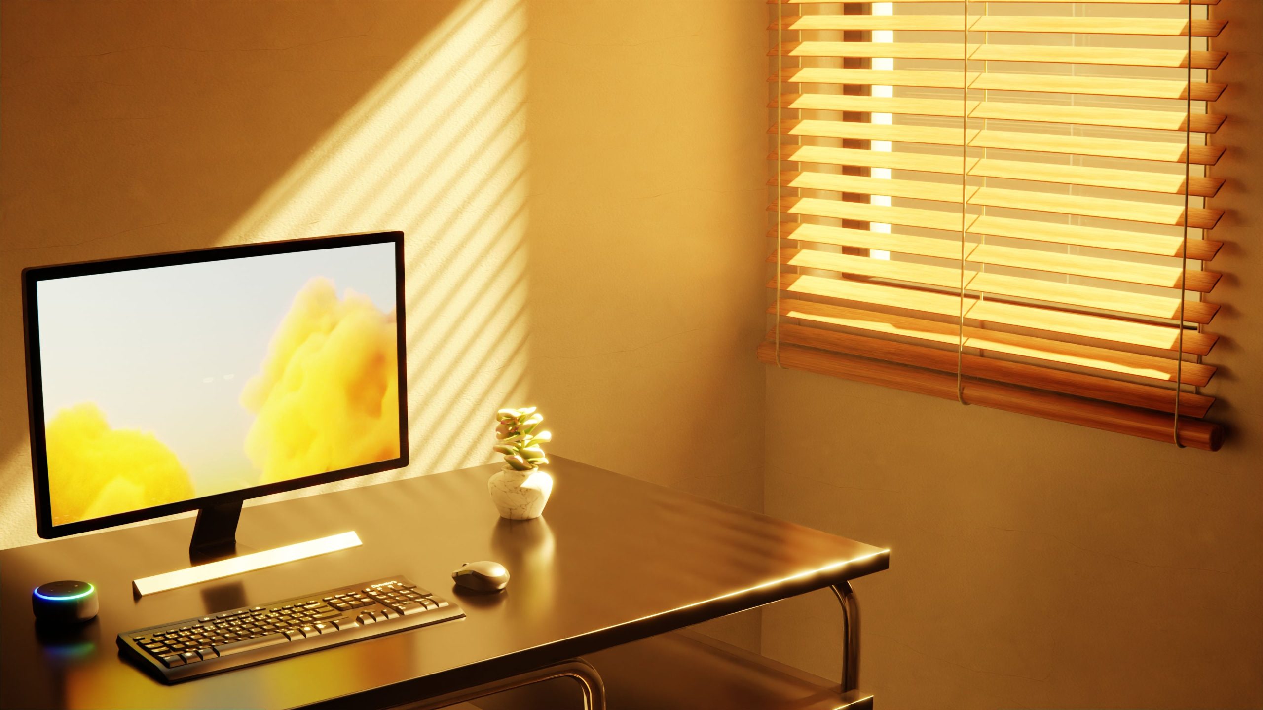 Peaceful office setup with a monitor and window blinds bathed in warm sunlight, creating a serene workspace.