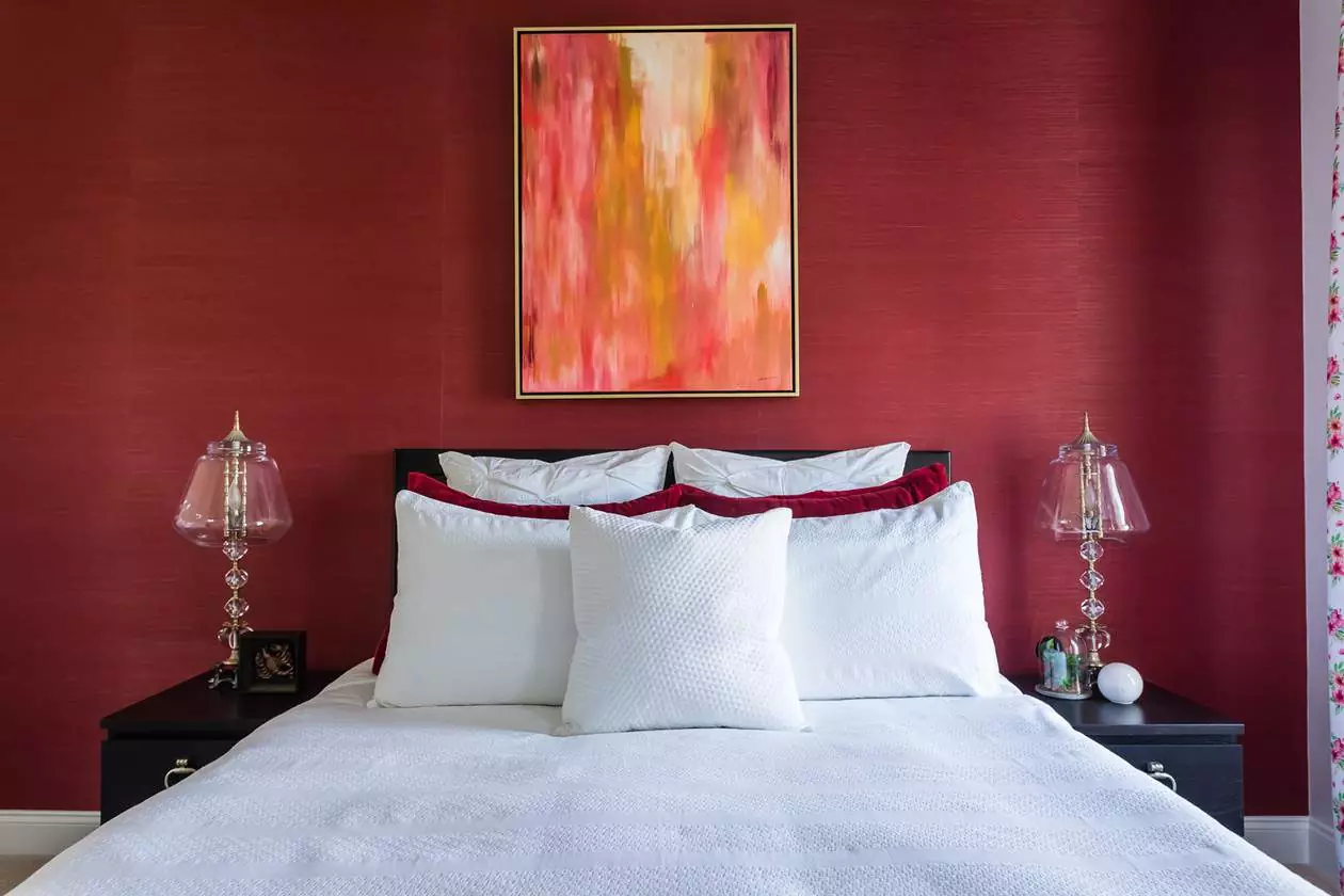 Red and White Guest Bedroom, Durham - LK Design | Interior Design