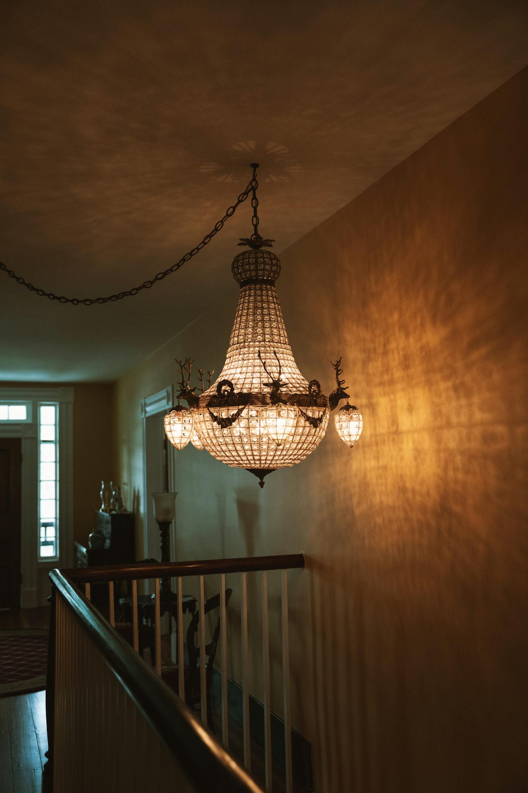 Sophisticated chandelier casting warm light in a cozy hallway.