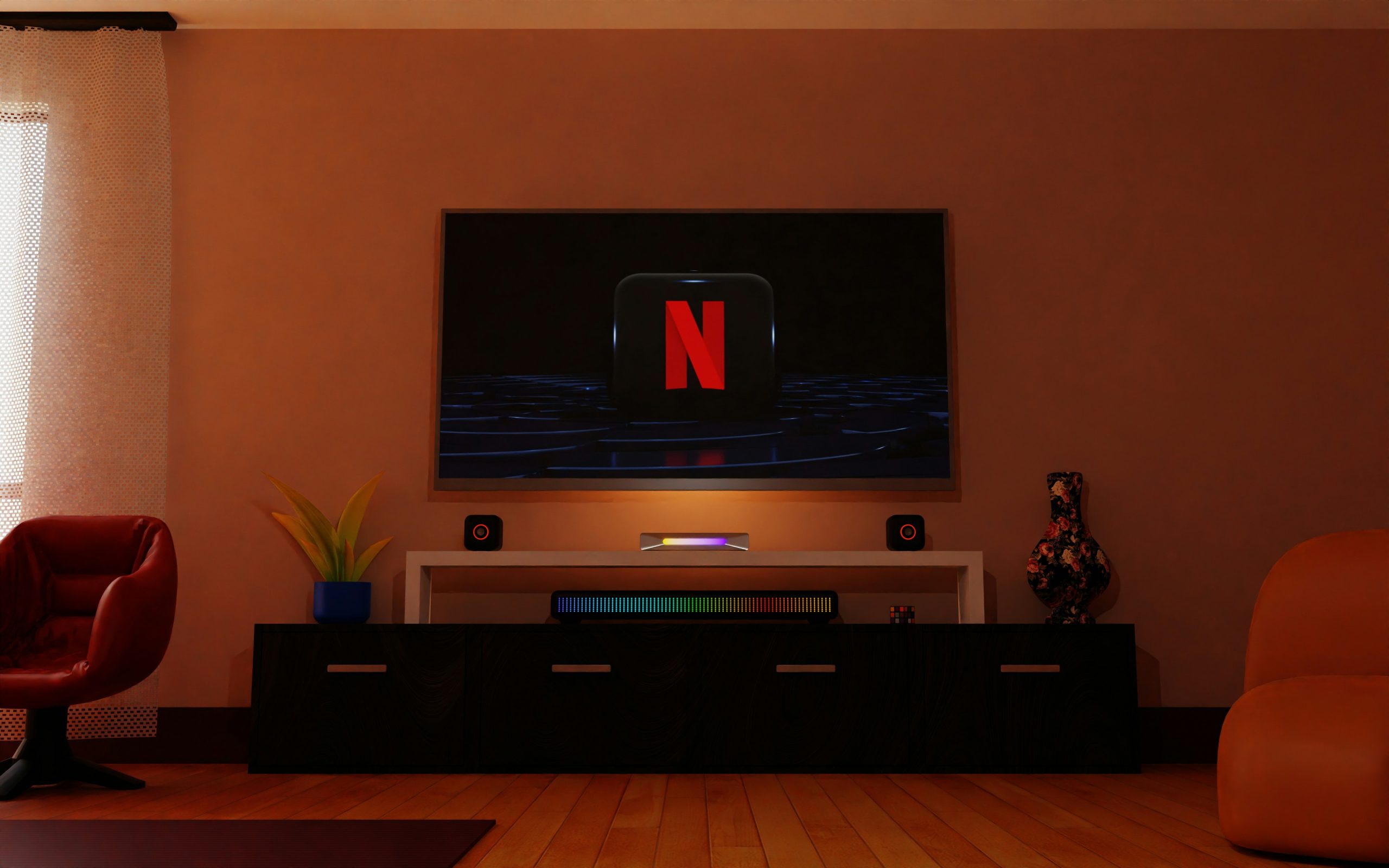 television, Netflix, Netflix logo, room, living room, entertainment, screen, technology, home, decoration, design, interior, space, relaxation, leisure, rest, streaming, streaming services, TV, flat s