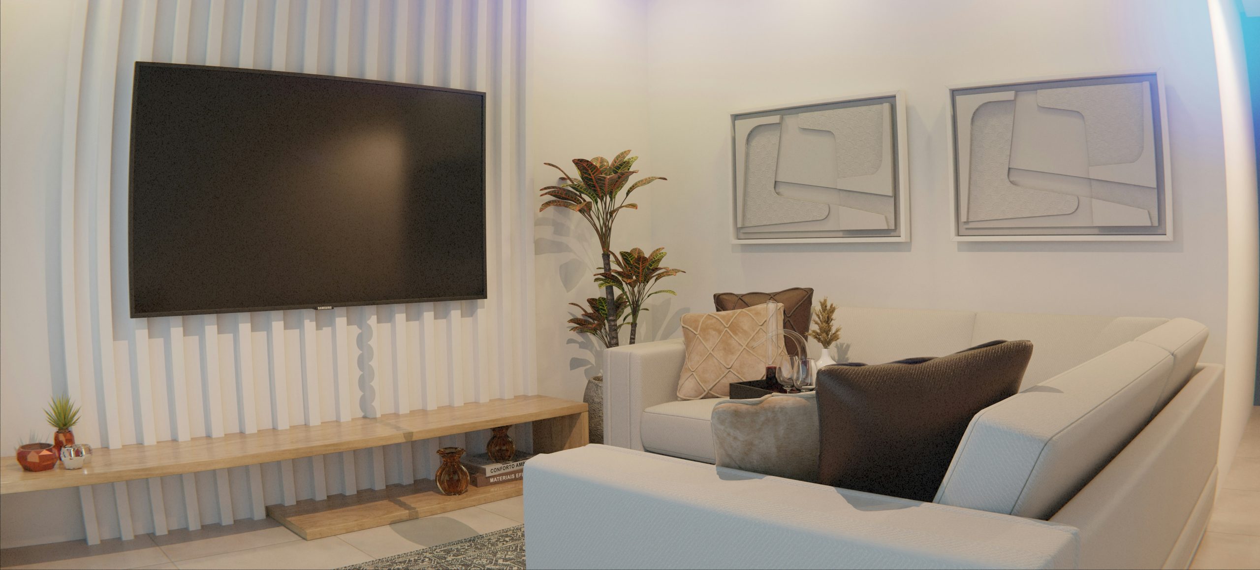 This image captures a beautifully rendered, modern living room with a focus on minimalist design and neutral tones. The composition is dominated by a large, wall-mounted television, which is set again