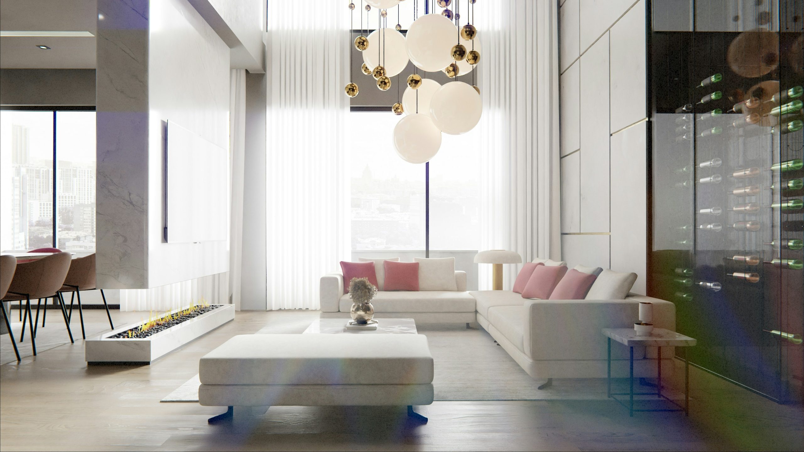 This image showcases a stunning, contemporary open-plan living and dining space defined by its soaring ceilings and abundant natural light. A plush, white sectional sofa, accented with soft pink cushi
