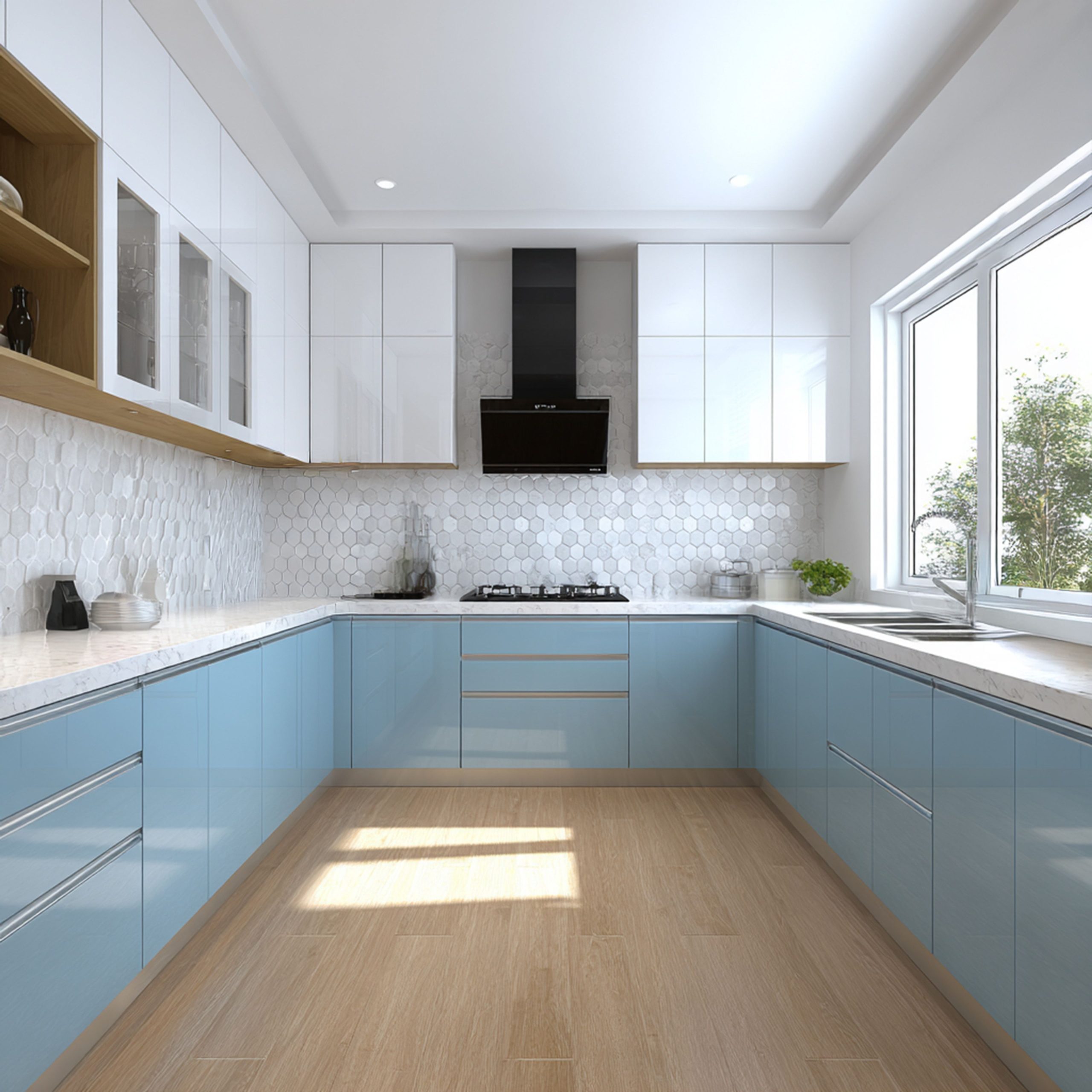 White and Denim Minimal Blue U-Shaped Kitchen Design with Wooden Shelves and Glass Units | Livspace