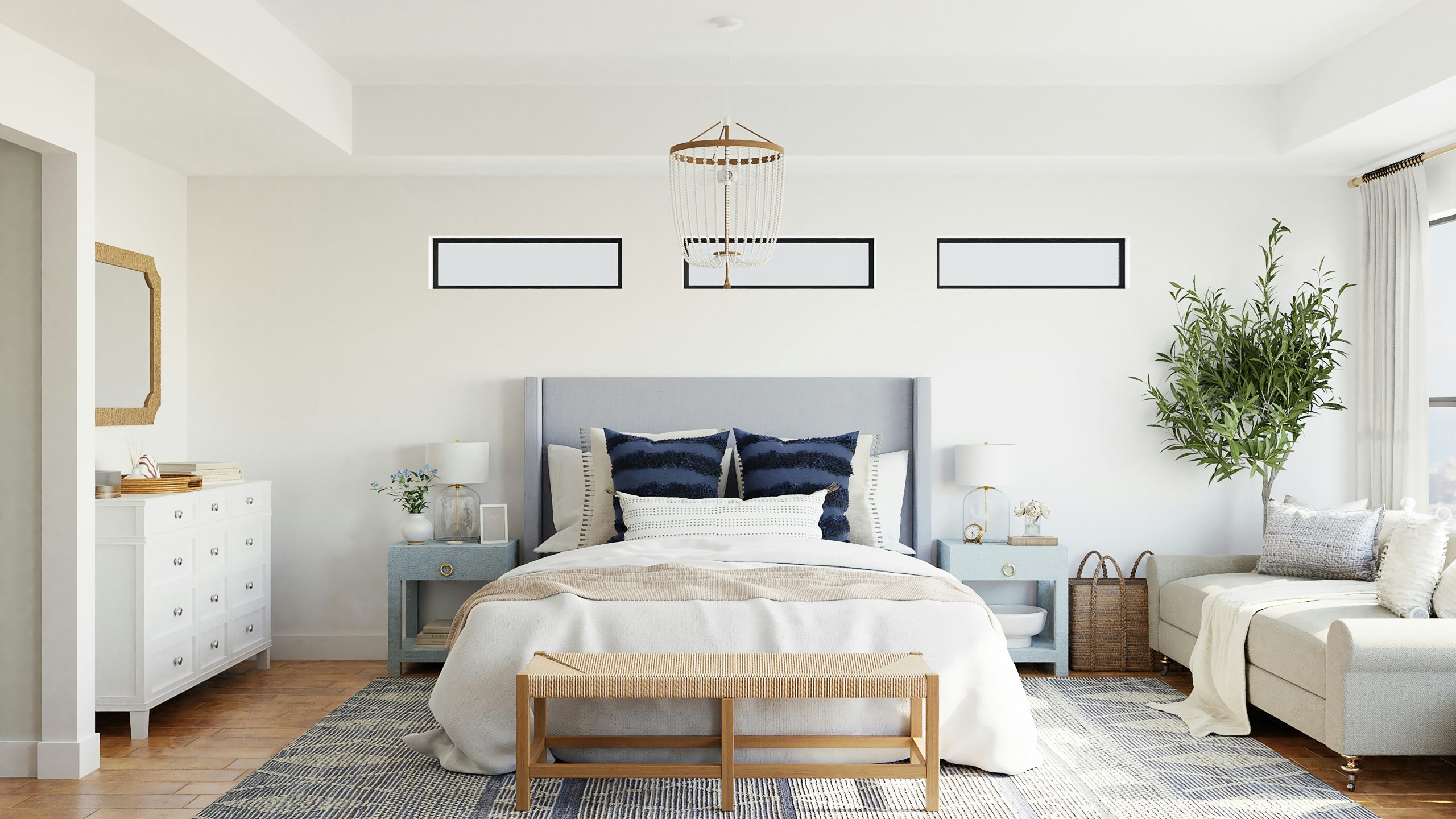 a bedroom with a large bed in a room