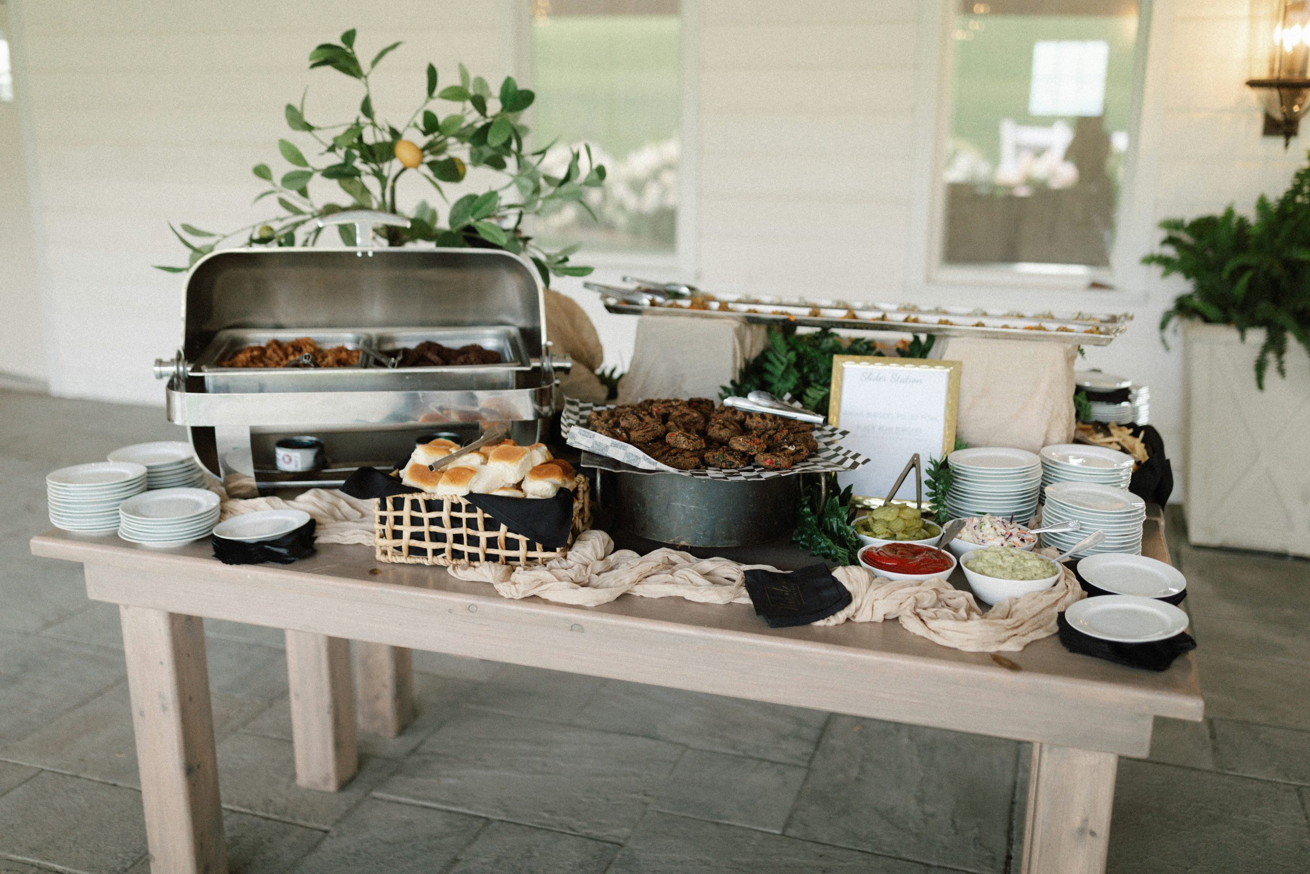 a table with a buffet of food on it