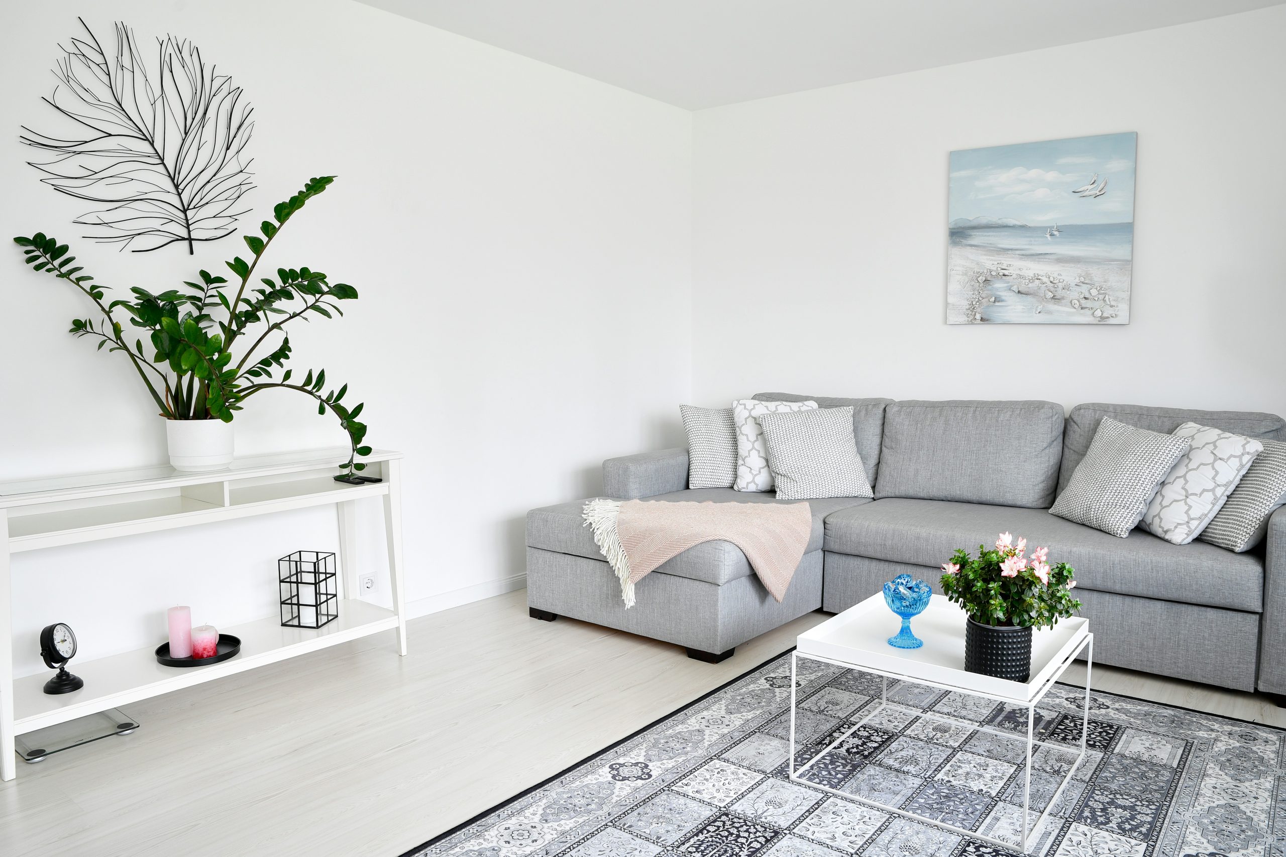 A typical Scandinavian-style living room in Espoo, featuring a bright white interior with a gray sofa and large cushions, a lush leafy houseplant, a gray checkered rug, and a black tripod floor lamp i