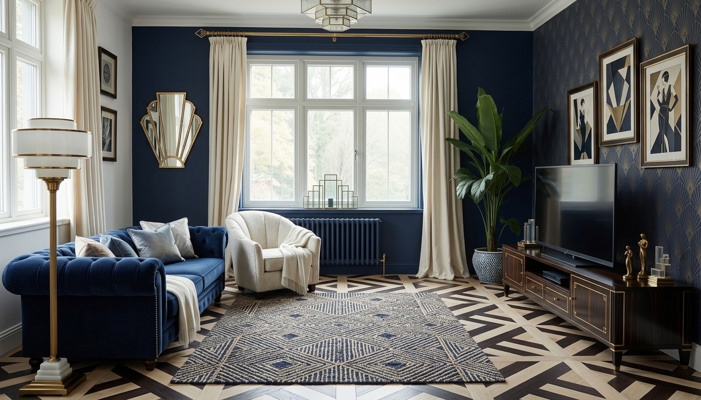 AI Interior Room Designer: Living Room, Navy Blue Ideas