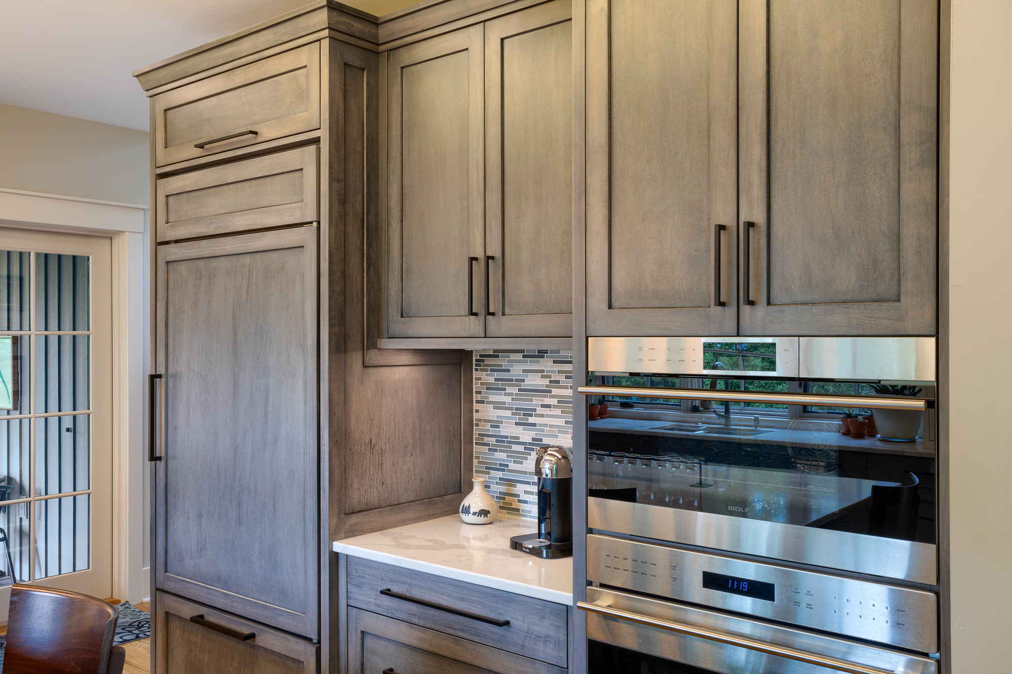 Appliance wall in new modern, rustic kitch with gray cabinets | ACM Design Architecture & Interiors