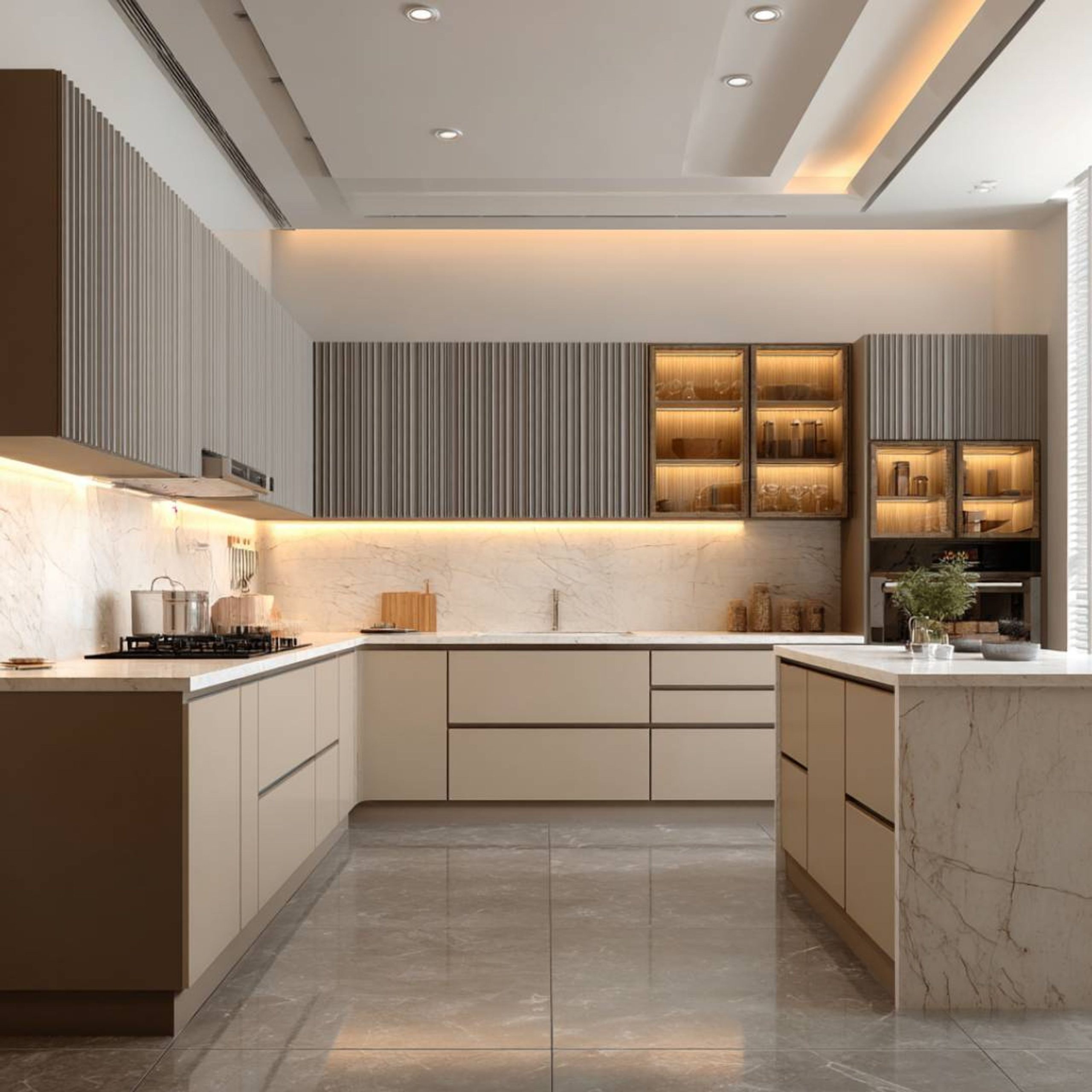 Contemporary Island Kitchen Design with Illuminated Ivory Cabinets and Quartz Countertop | Livspace