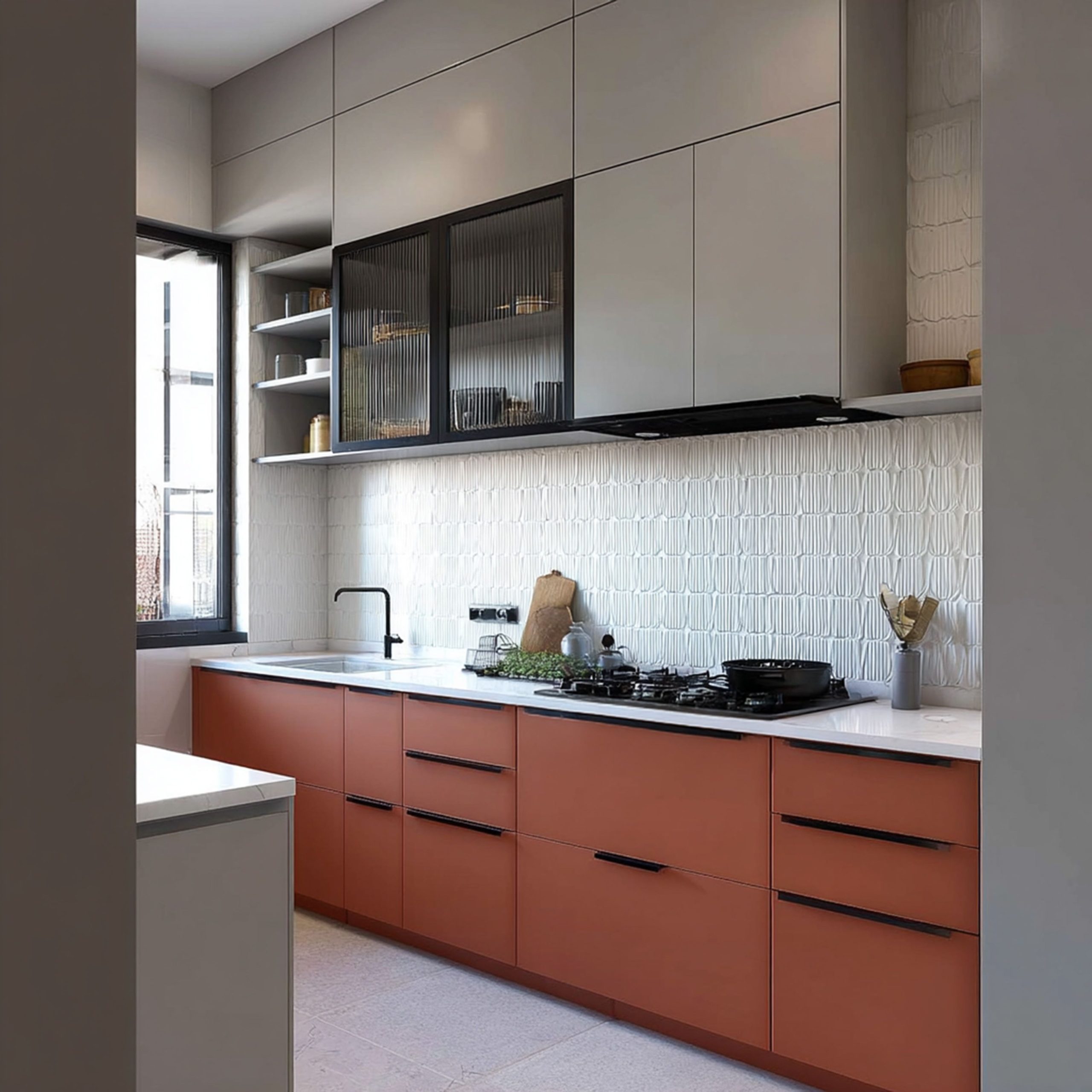 Contemporary Light Red Grey Parallel Kitchen Design with Quartz Countertop | Livspace