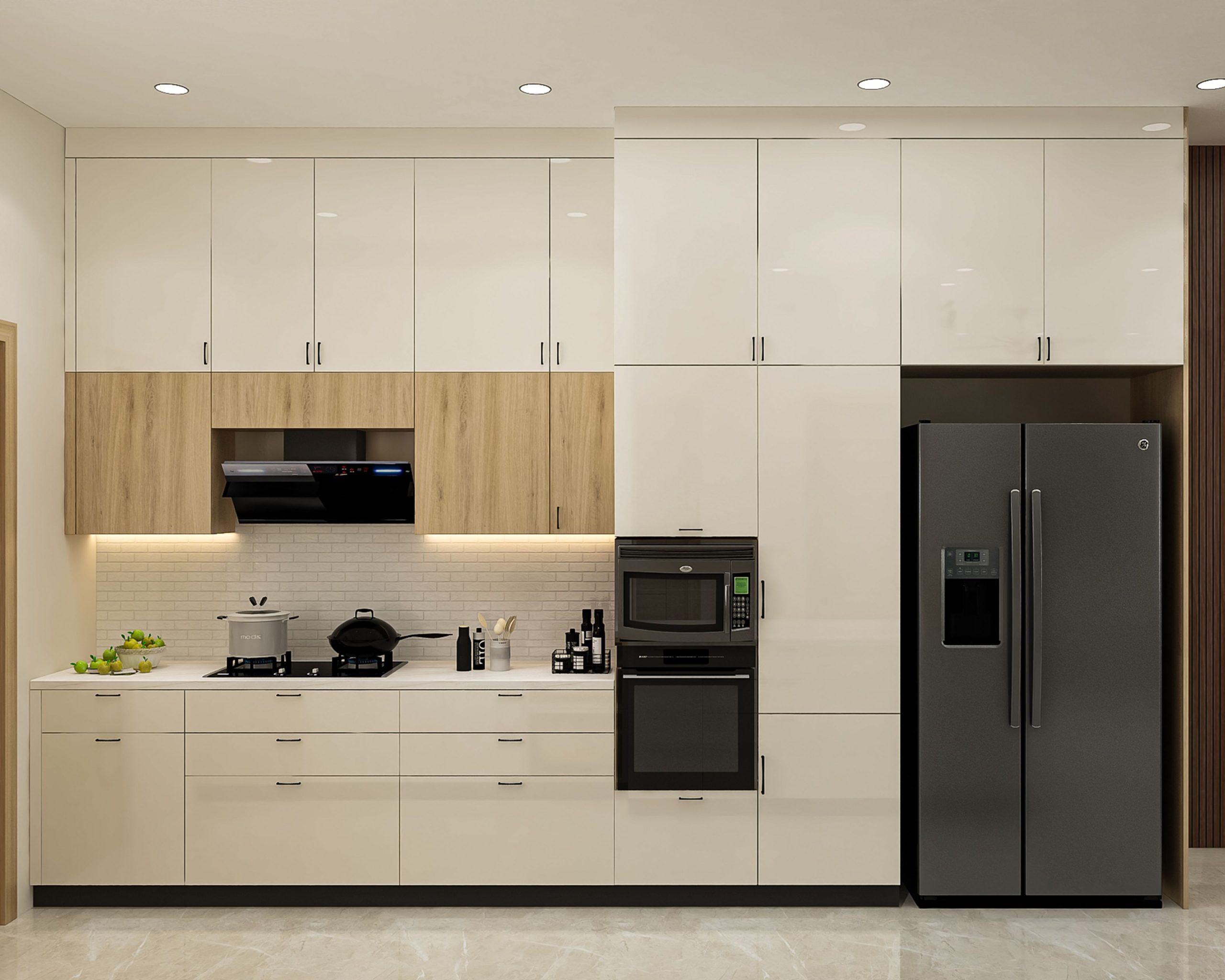 Contemporary Parallel Kitchen Design with Teak and White Cabinets | Livspace