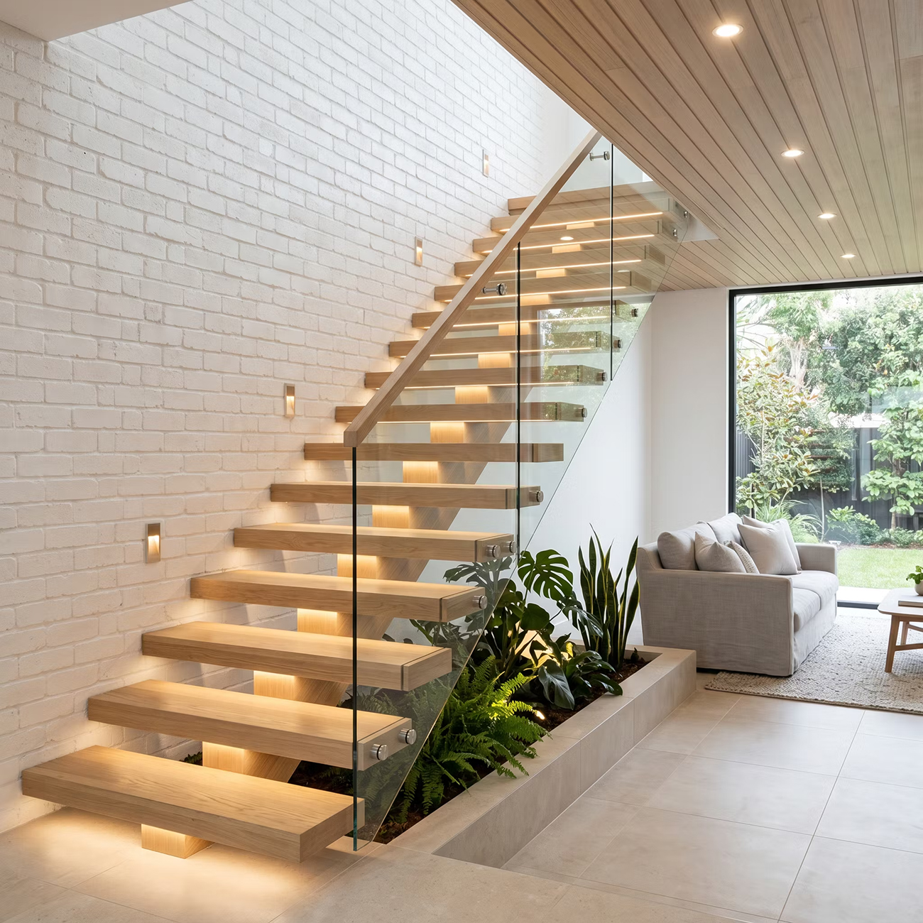 Contemporary Staircase Design with Straight Layout with Natural Wood Finish | Livspace