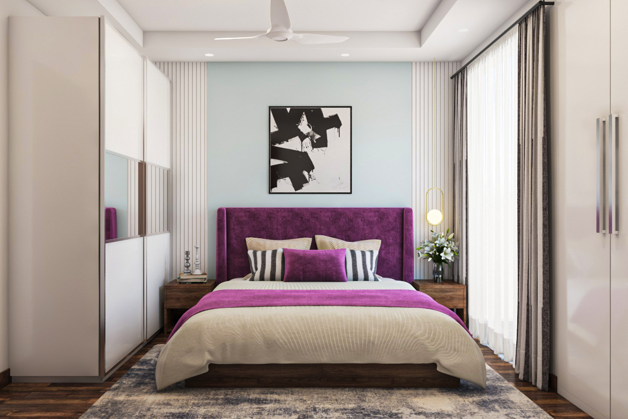 Contemporary Theme Master Bedroom Design In Purple | Livspace