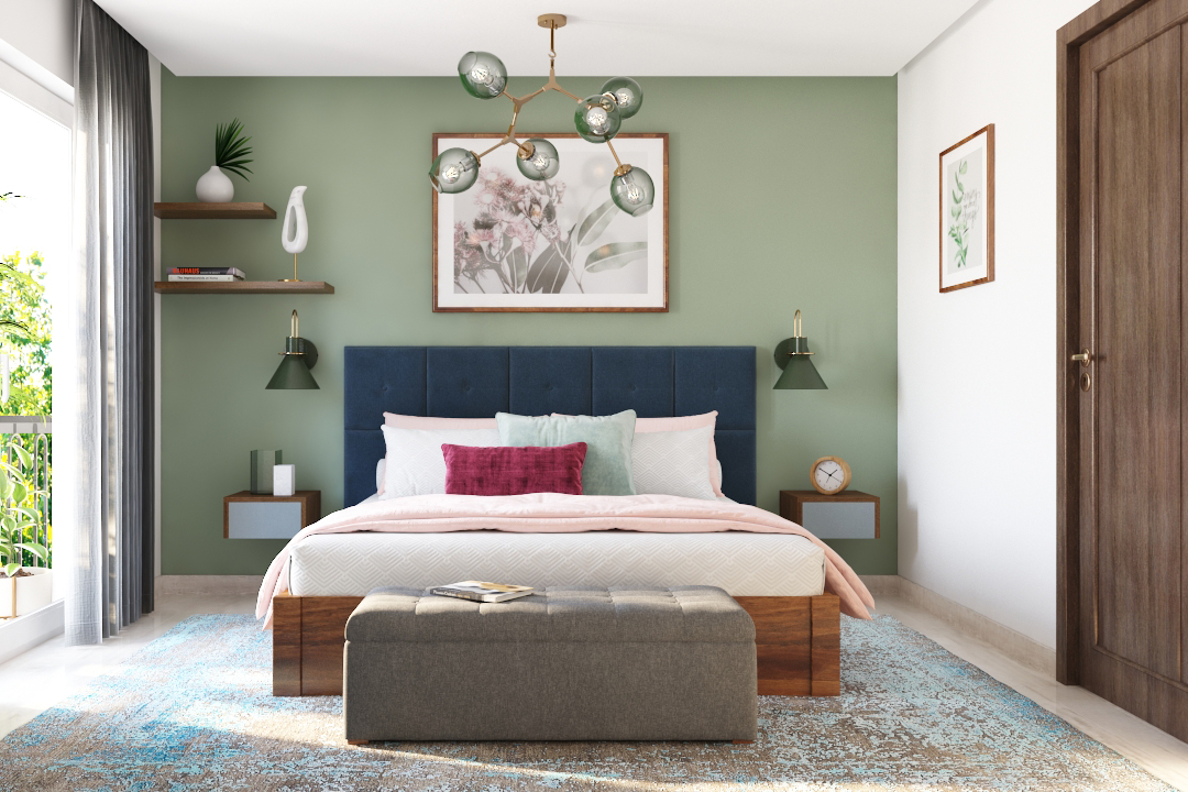 Easy to Maintain Modern Pastel Green Bedroom Wall Paint Design With White Frame | Livspace